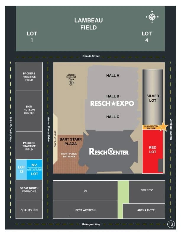 Resch Center: Venue layout, Resch Center — complex and nearby parking orientation. Use the original map for routes and visitor facilities.