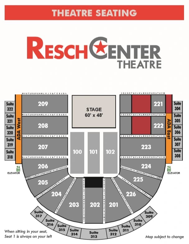 Resch Center: Seating chart, Resch Center — theatre configuration sections and rows. Use the source chart for section and row details.