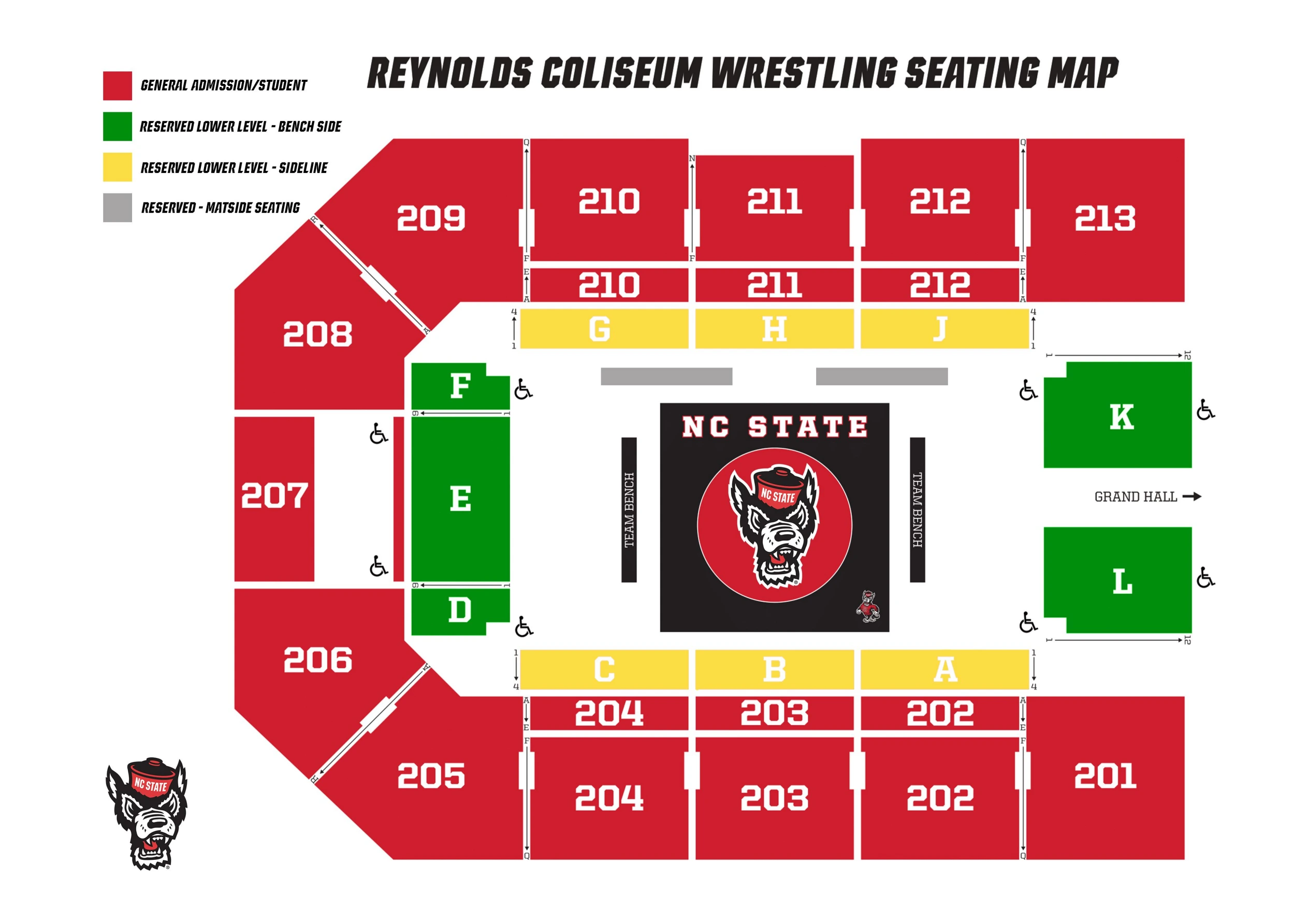 Reynolds Coliseum: Seating chart, Reynolds Coliseum — wrestling. Use the source chart for section and row details.