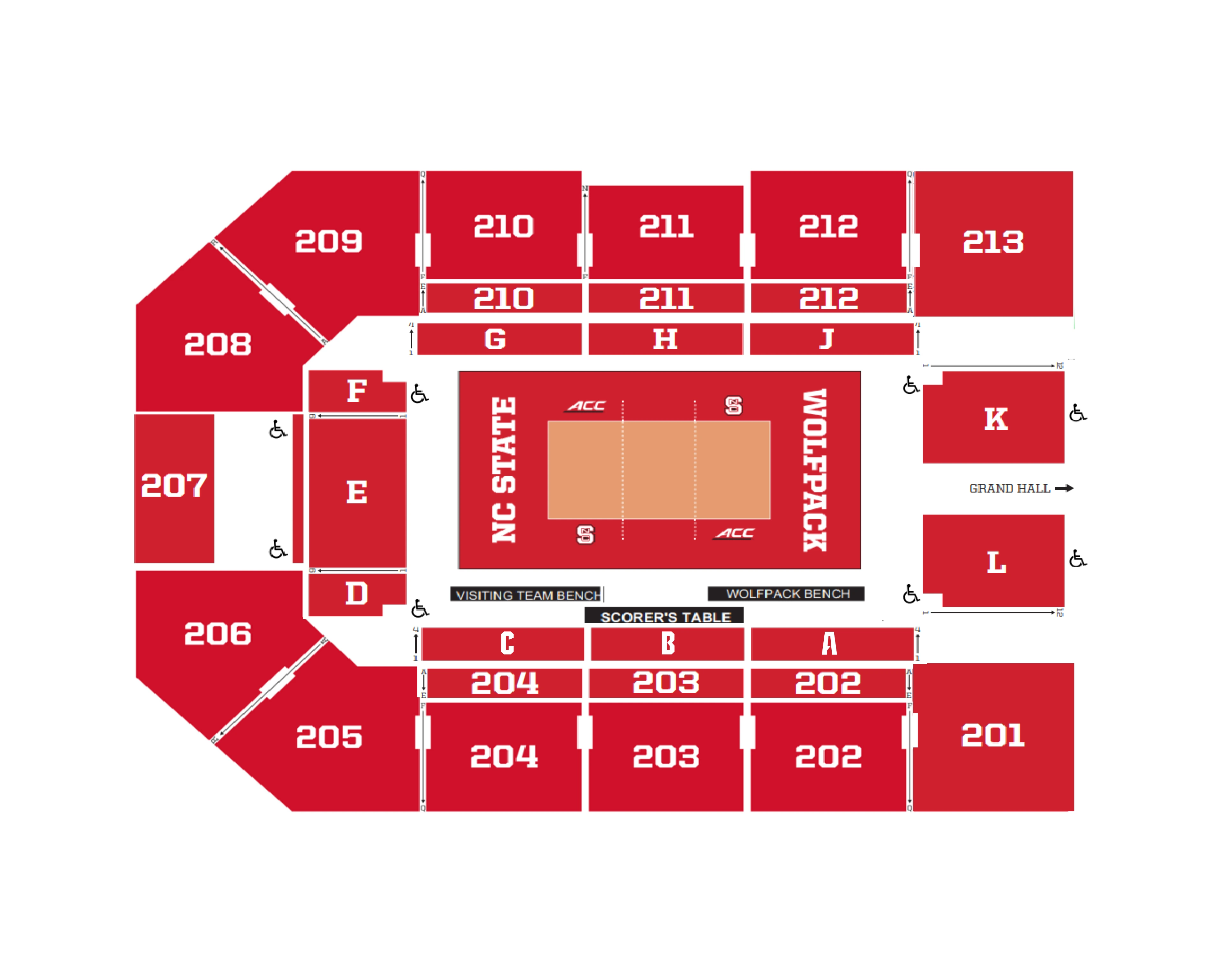 Reynolds Coliseum: Seating chart, Reynolds Coliseum — volleyball. Use the source chart for section and row details.
