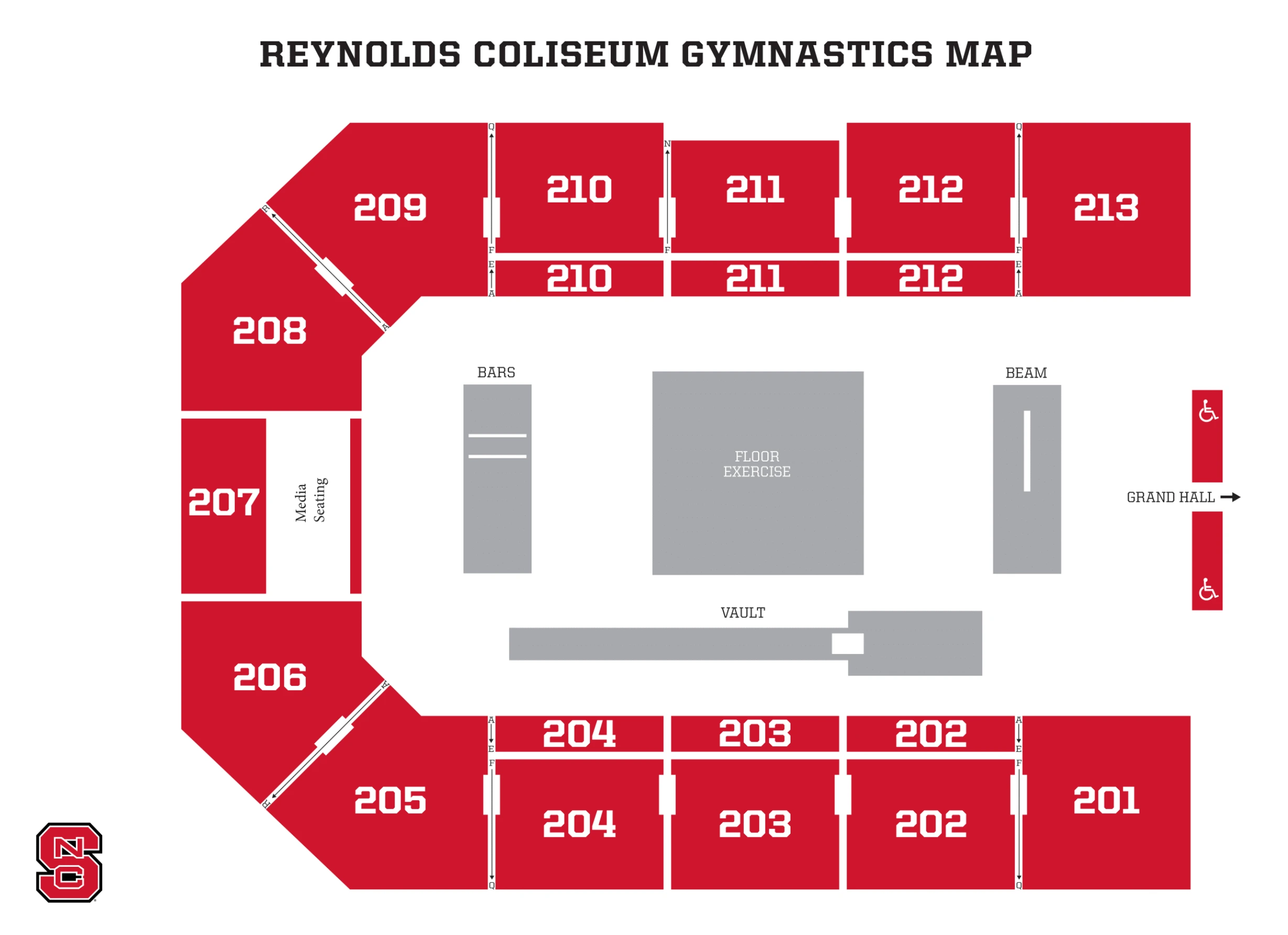 Reynolds Coliseum: Seating chart, Reynolds Coliseum — gymnastics. Use the source chart for section and row details.
