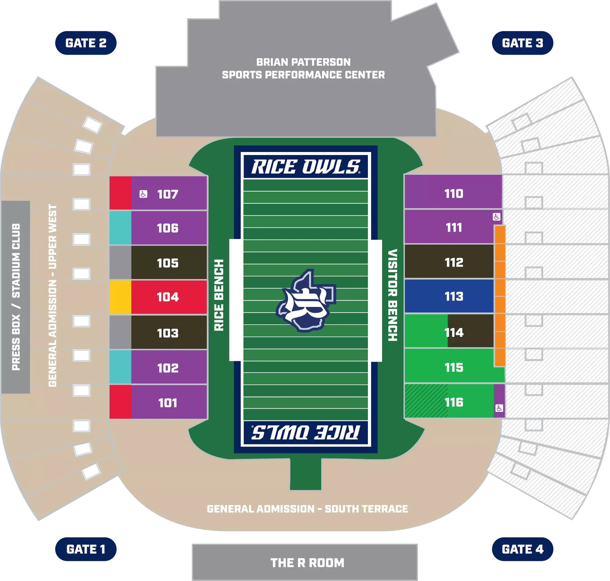 Rice Stadium: Seating chart, Football. Use the source chart for section and row details.