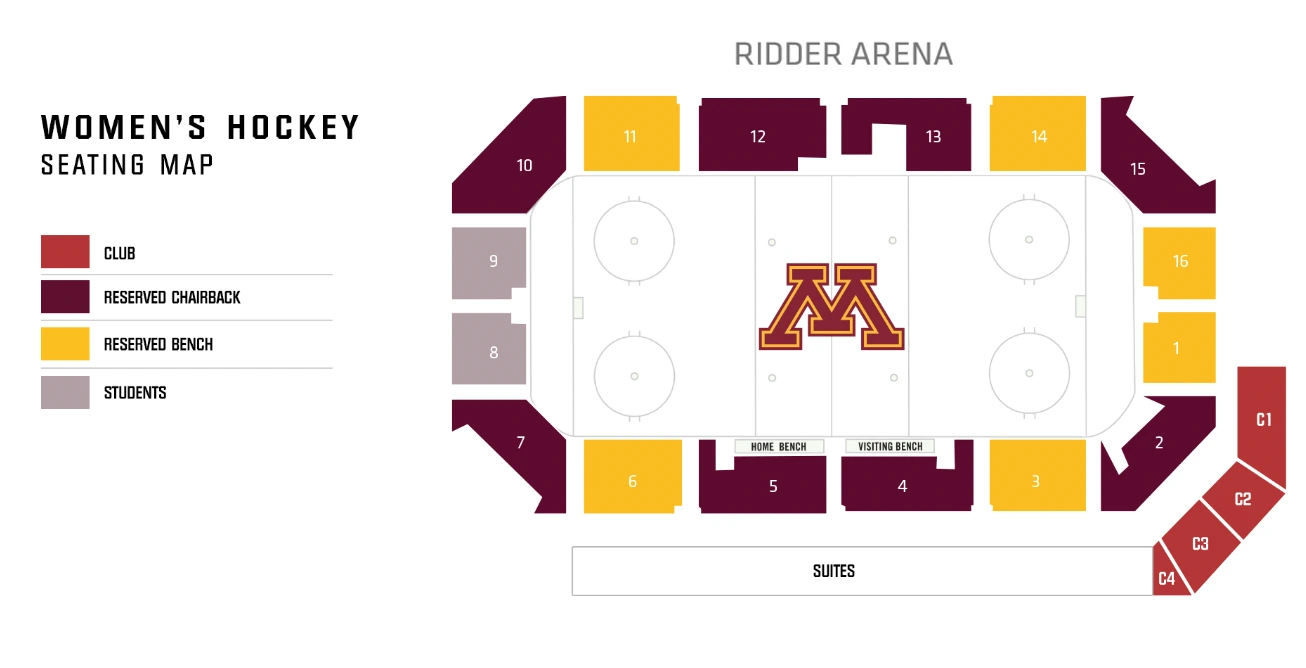 Ridder Arena: Seating chart, Ridder Arena — women’s hockey seating chart. Use the source chart for section and row details.