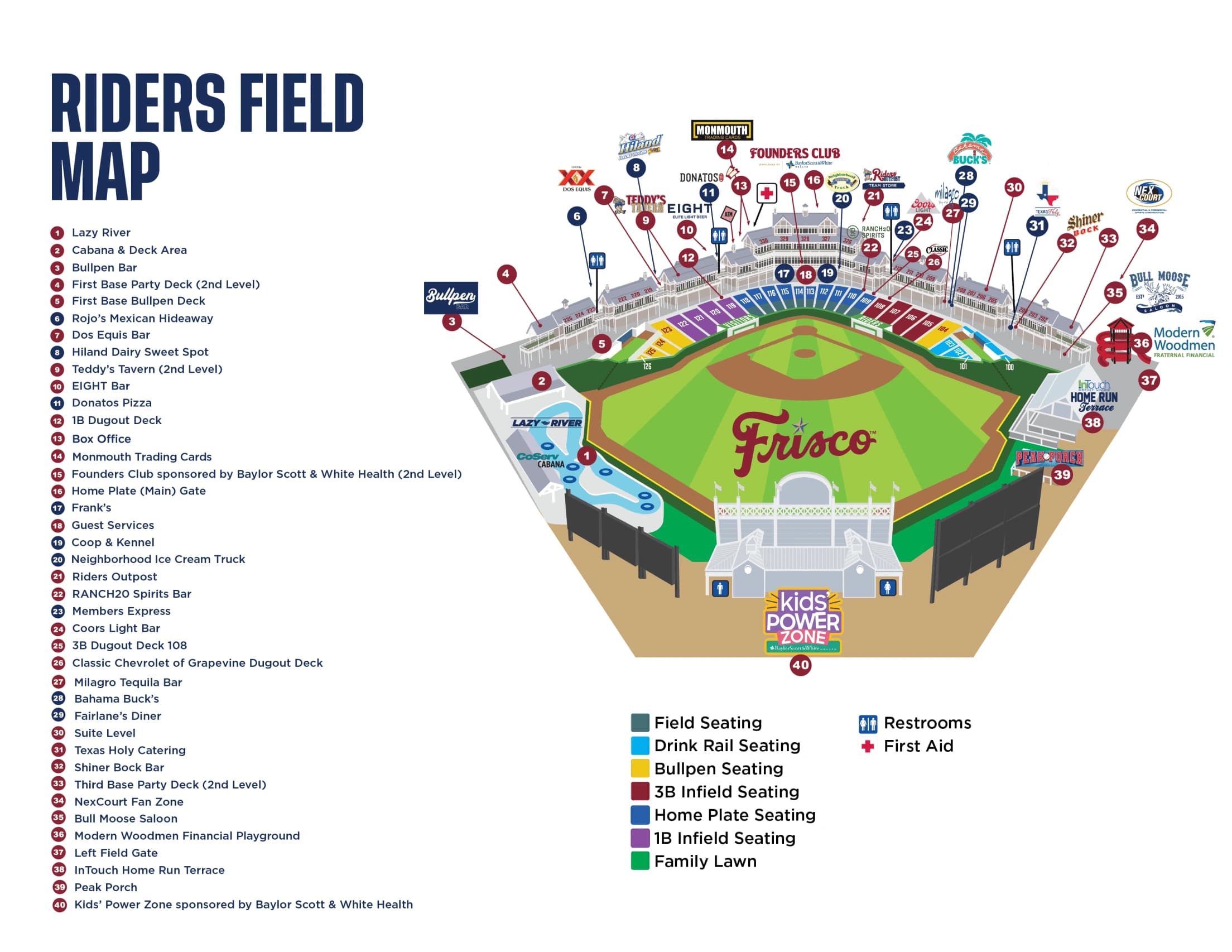 Riders Field: Venue layout, Riders Field — official 2026-linked seating categories and amenity key. Use the original map for routes and visitor facilities.
