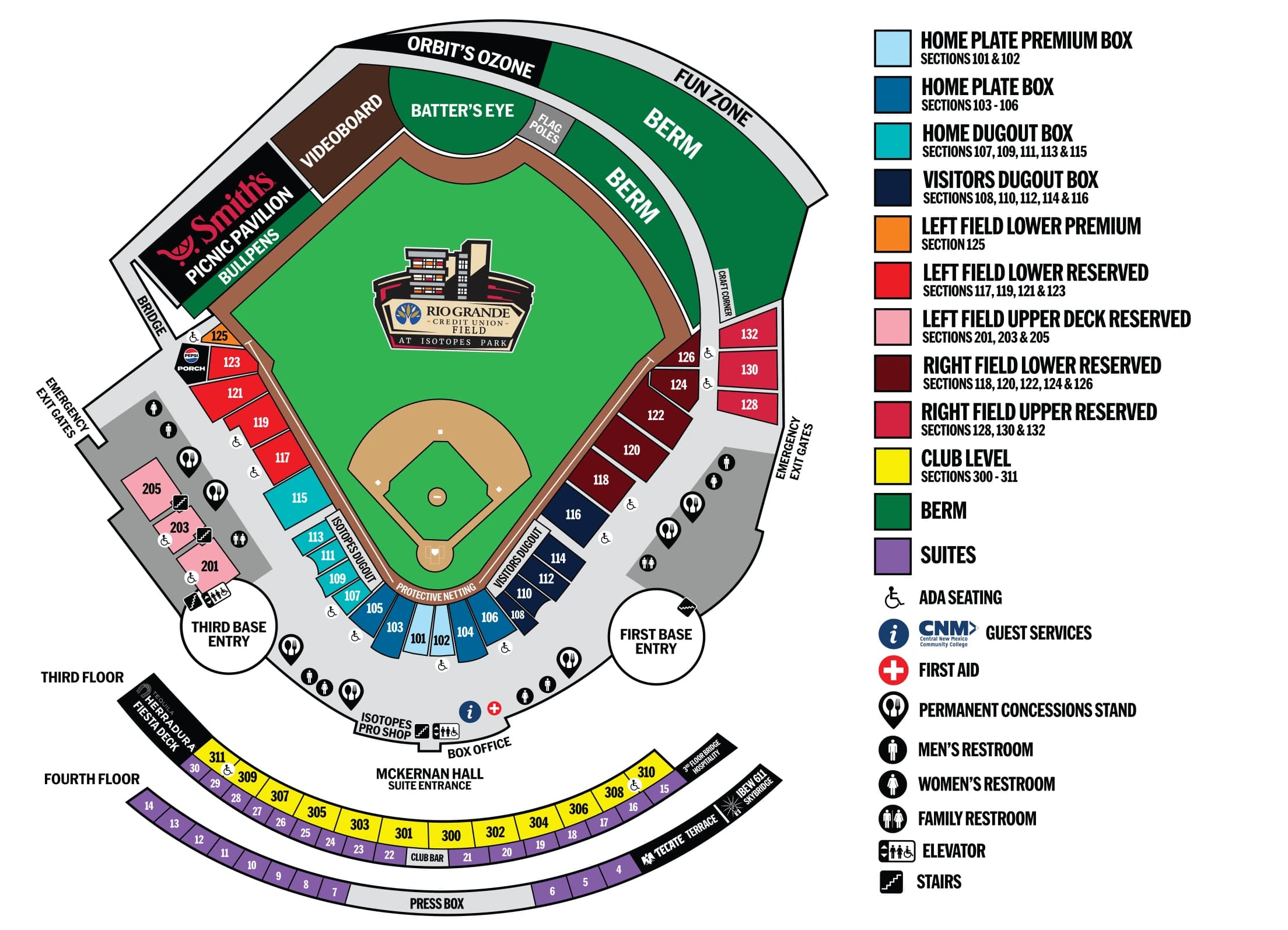 Rio Grande Credit Union Field at Isotopes Park: Seating chart, Rio Grande Credit Union Field at Isotopes Park — official 2026 seating map. Use the source chart for section and row details.