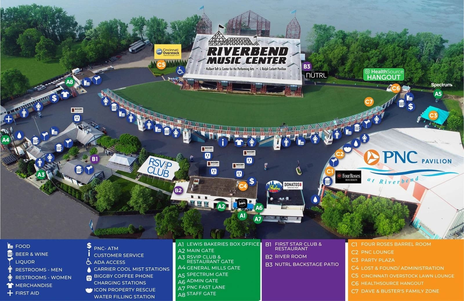 Riverbend Music Center: Venue layout, Riverbend Music Center — shared campus and amenities. Use the original map for routes and visitor facilities.
