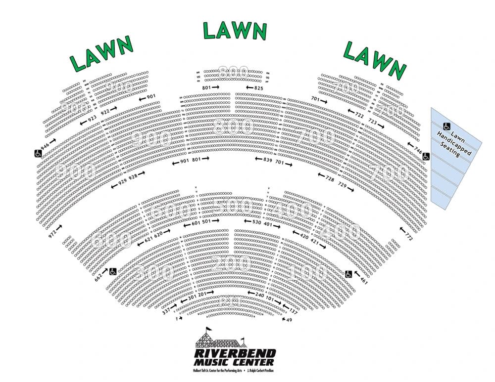 Riverbend Music Center: Seating chart, Riverbend Music Center — pavilion sections and lawn. Use the source chart for section and row details.
