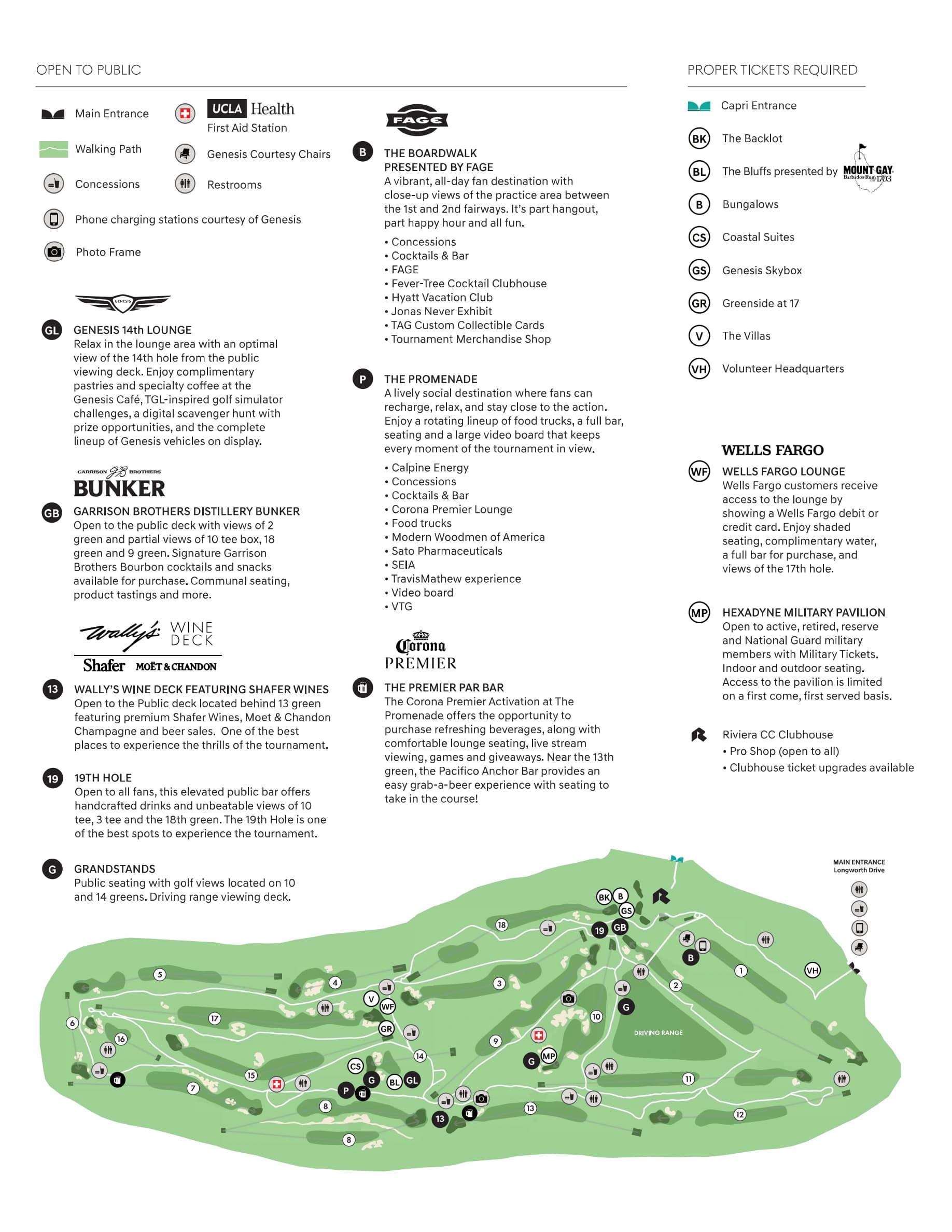 The Riviera Country Club: Venue layout, February 2026 Genesis Invitational · Riviera spectator course reference. Use the original map for routes and visitor facilities.