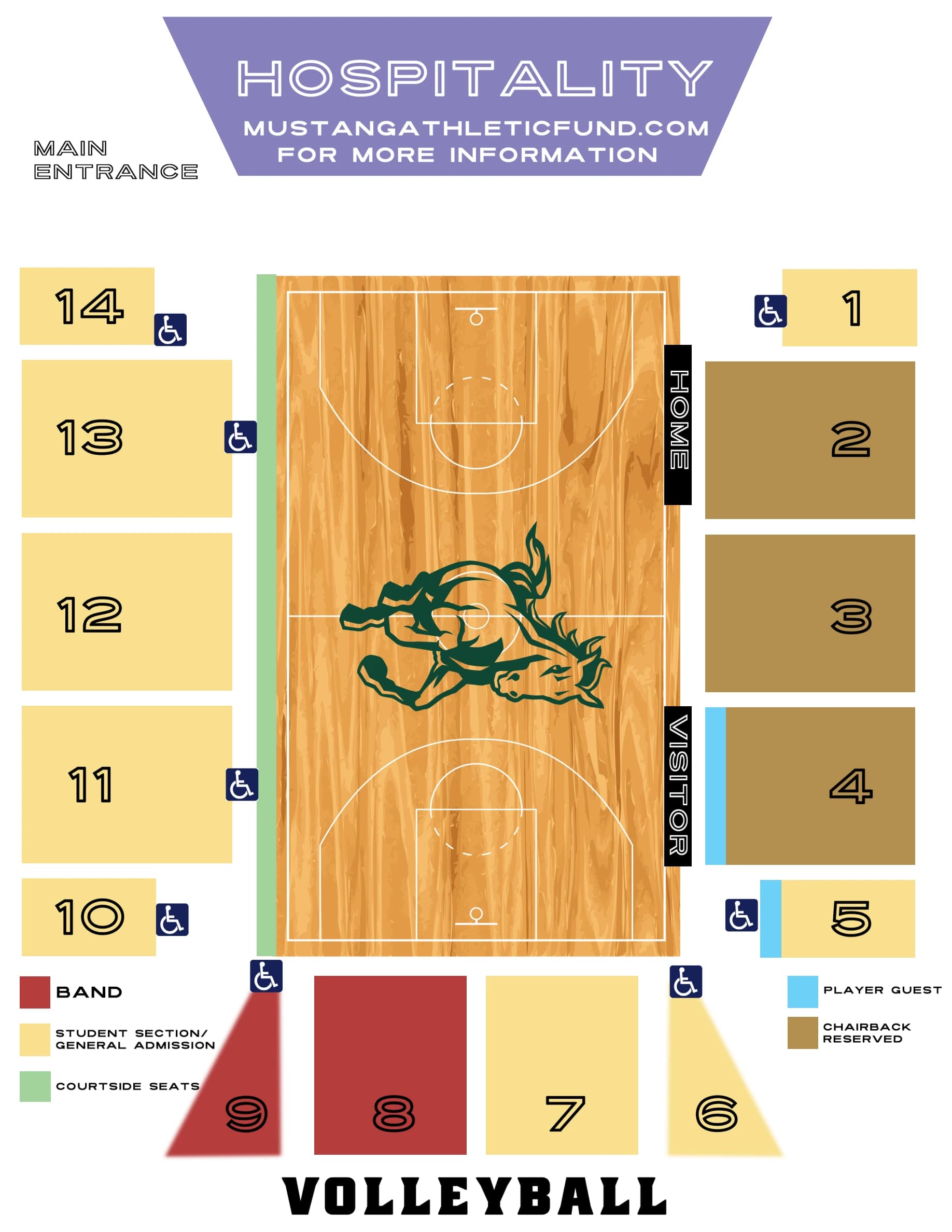Robert A. Mott Athletics Center: Seating chart, Mott Athletics Center — volleyball. Use the source chart for section and row details.