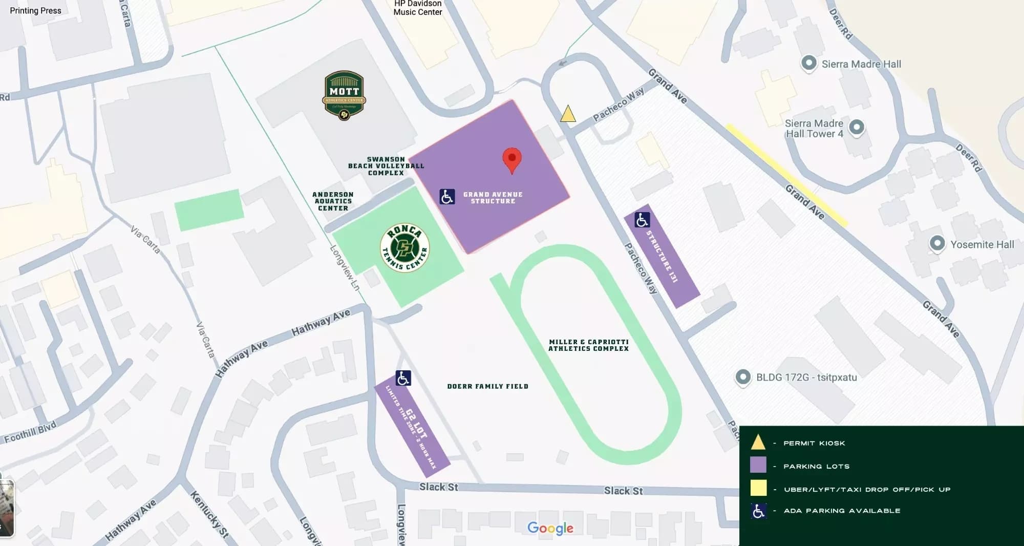 Robert A. Mott Athletics Center: Venue layout, Mott Athletics Center — Grand Avenue parking orientation. Use the original map for routes and visitor facilities.