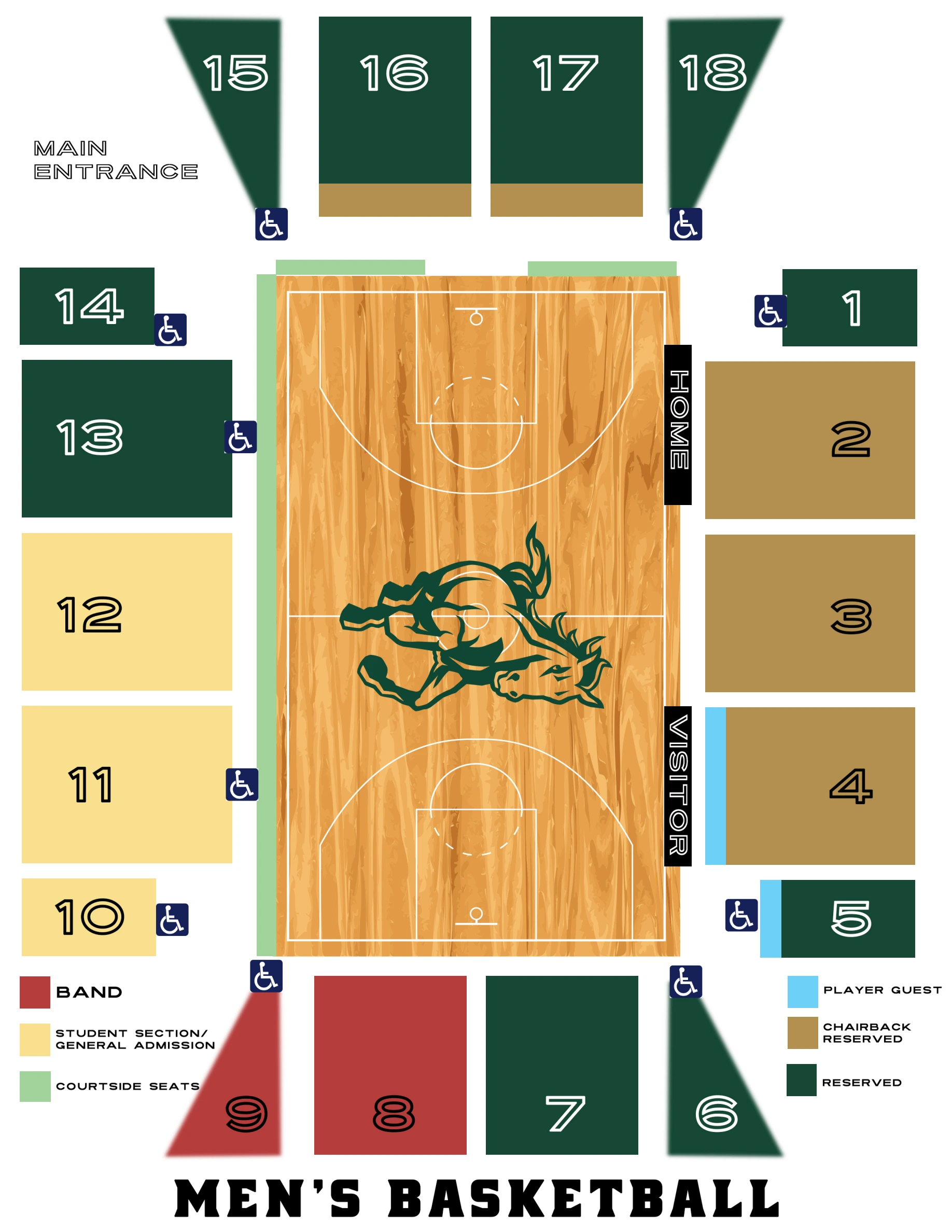 Robert A. Mott Athletics Center: Seating chart, Mott Athletics Center — men’s basketball. Use the source chart for section and row details.