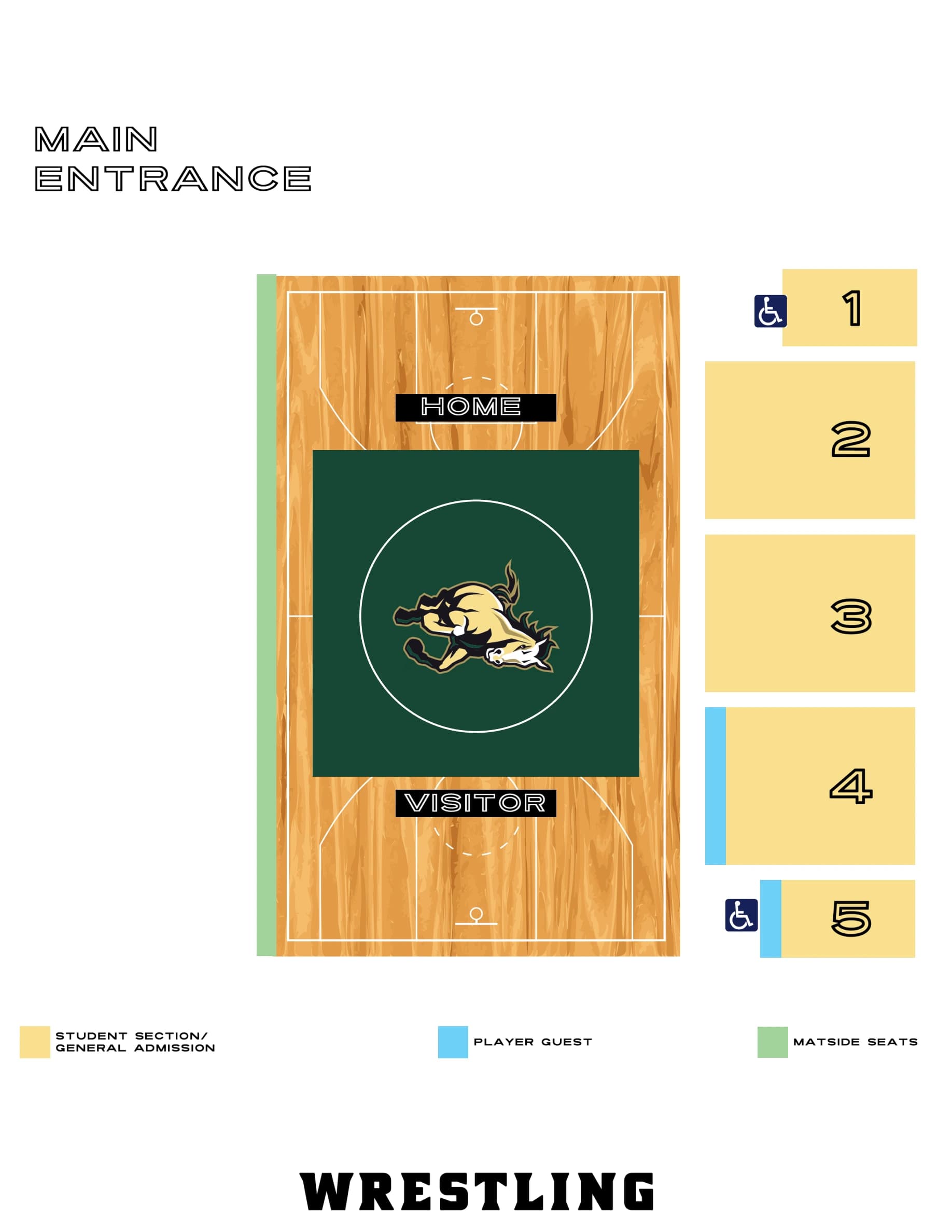 Robert A. Mott Athletics Center: Seating chart, Mott Athletics Center — wrestling. Use the source chart for section and row details.
