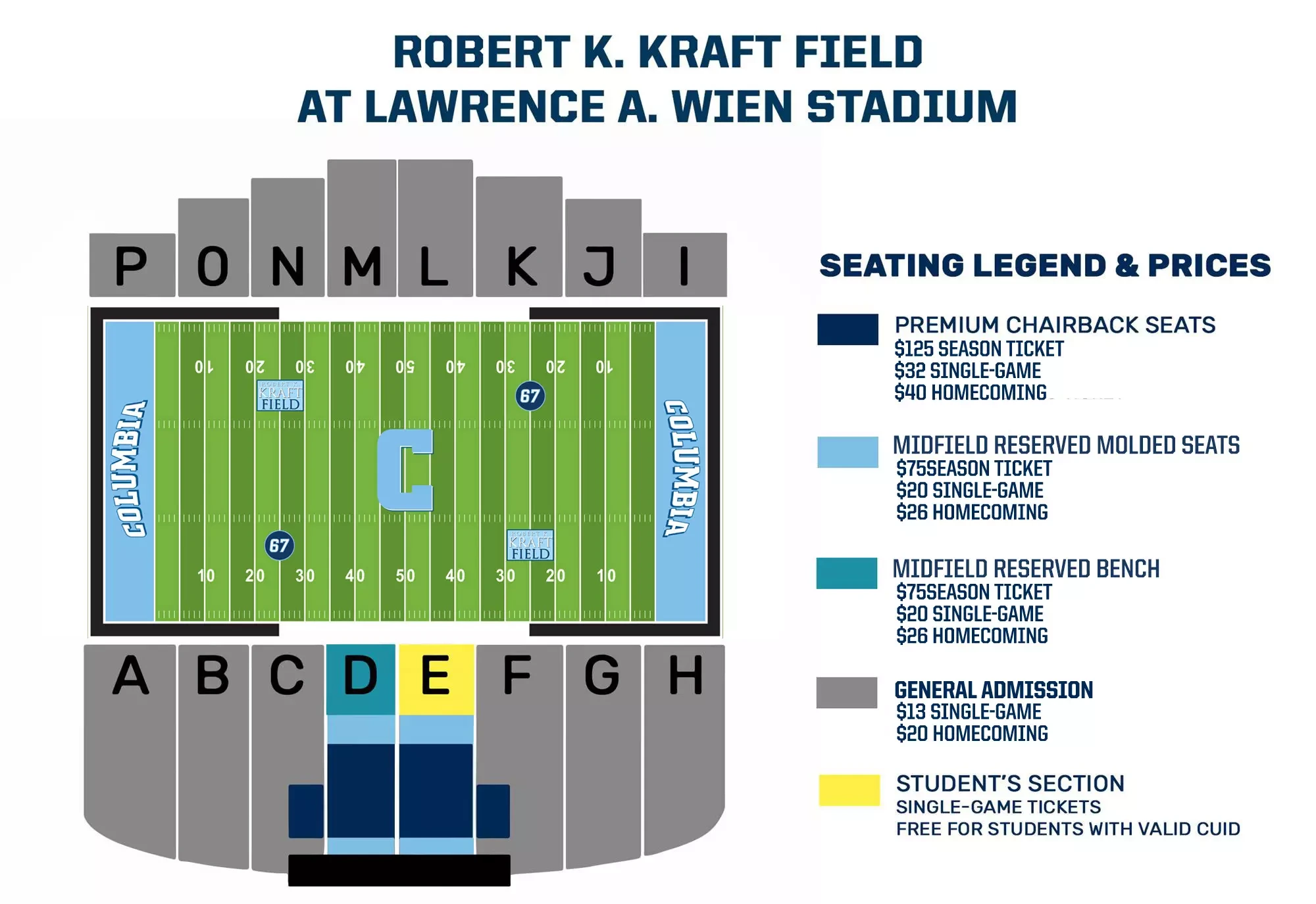 Robert K. Kraft Field at Lawrence A. Wien Stadium: Seating chart, Columbia — historical 2022 Wien section reference; prices and colors need current confirmation. Use the source chart for section and row details.