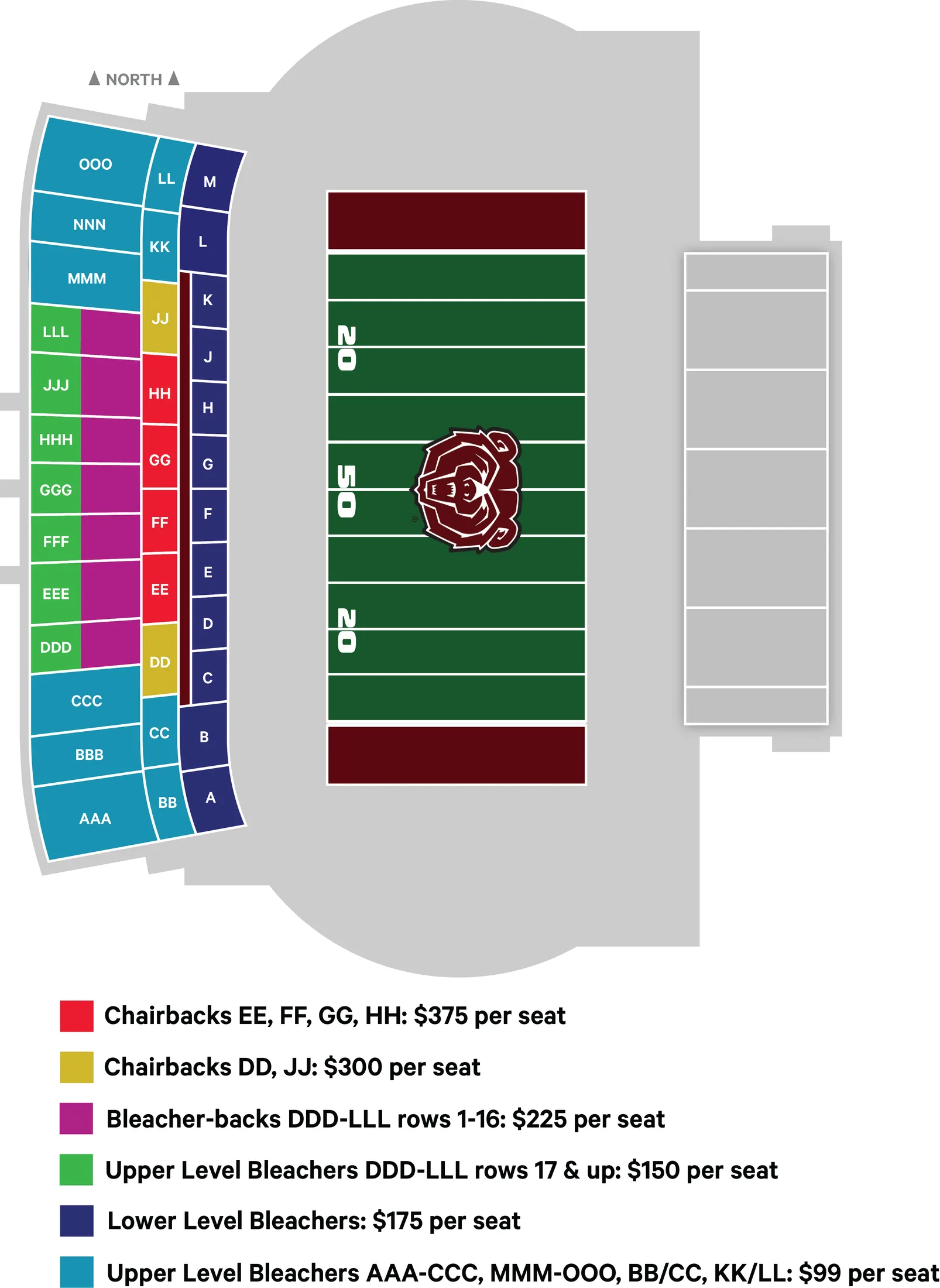 Robert W. Plaster Stadium: Seating chart, Football seating sections, 2025 chart. Use the source chart for section and row details.