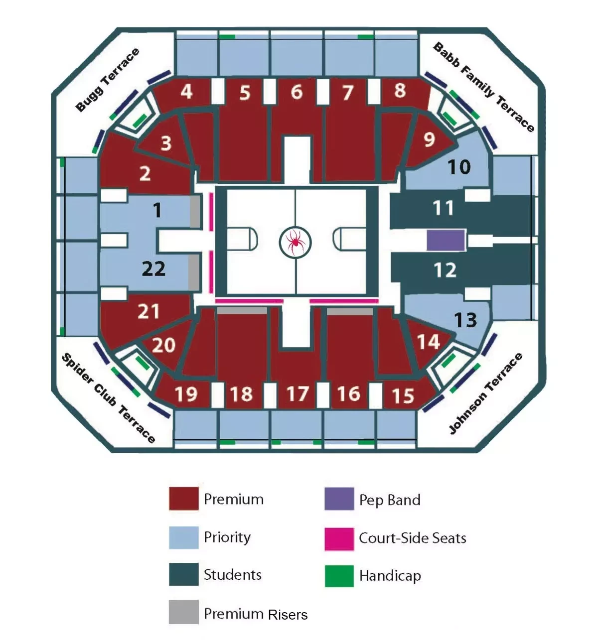 Robins Center: Seating chart, Basketball. Use the source chart for section and row details.