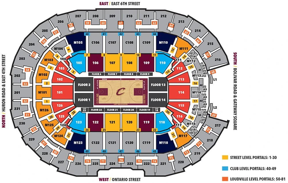 Rocket Arena: Seating chart, Cleveland Cavaliers Seating. Use the source chart for section and row details.