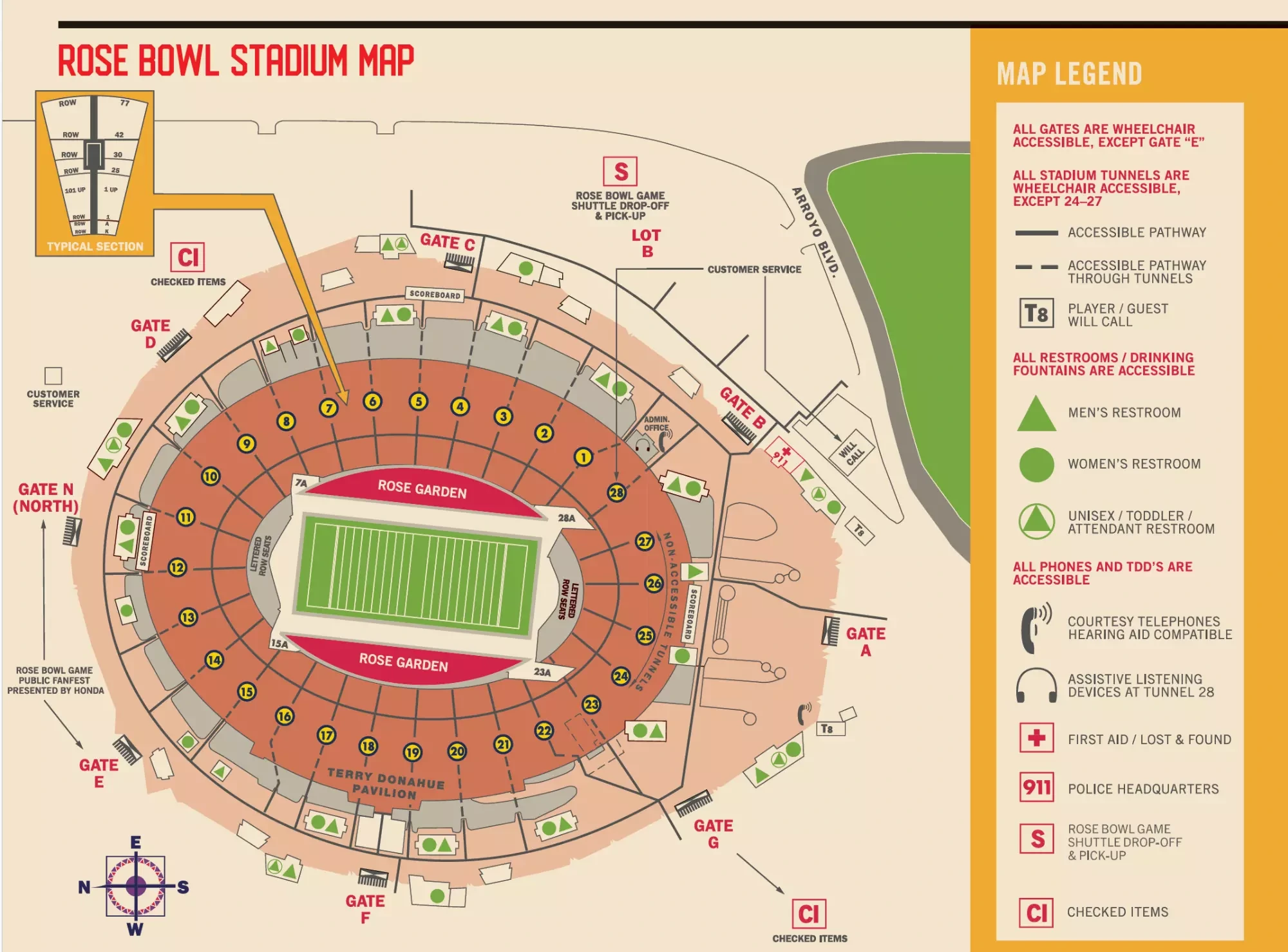 Rose Bowl Stadium: Seating chart, Football · stadium and entrances. Use the source chart for section and row details.