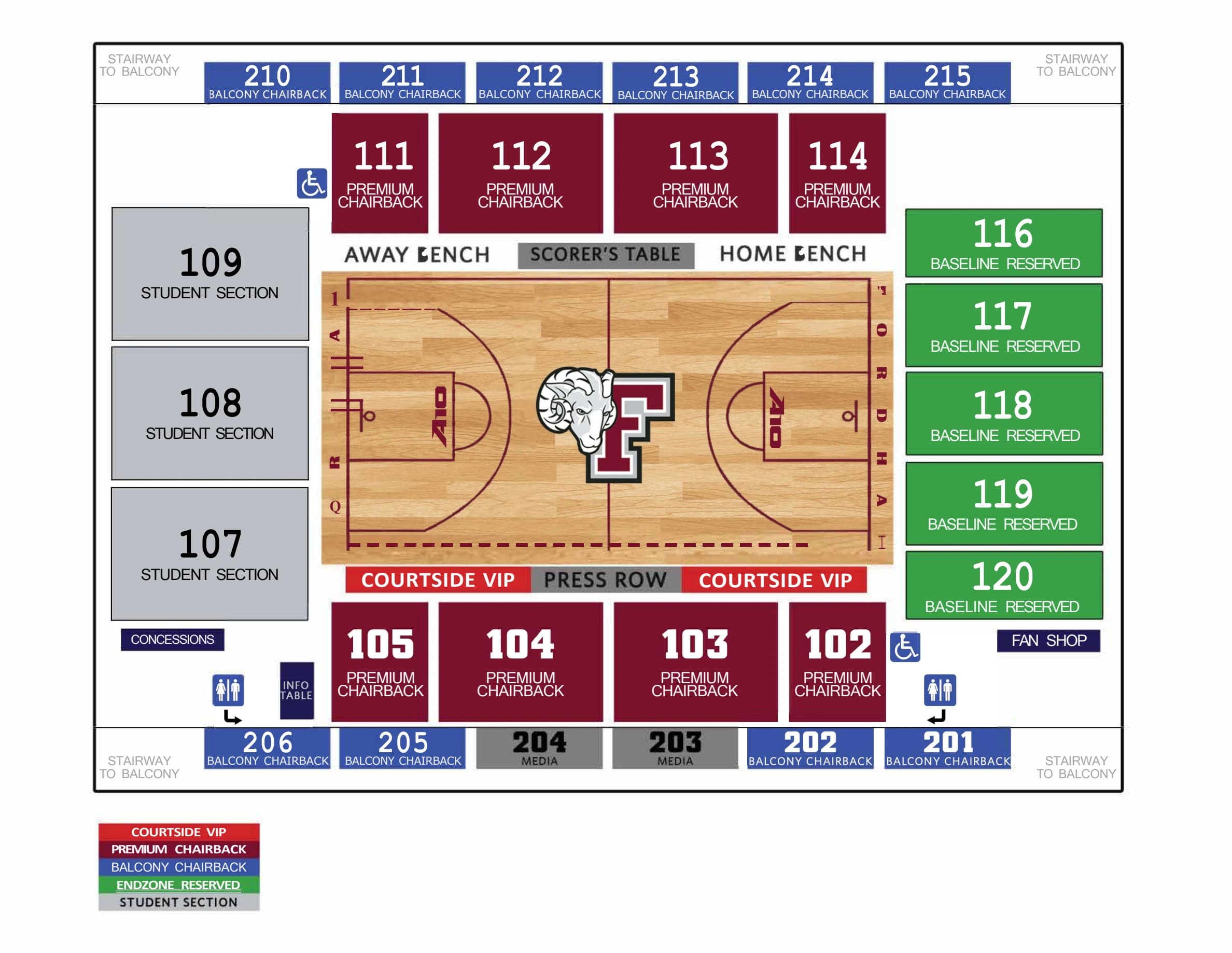 Rose Hill Gymnasium: Seating chart, Rose Hill Gymnasium — basketball sections. Use the source chart for section and row details.