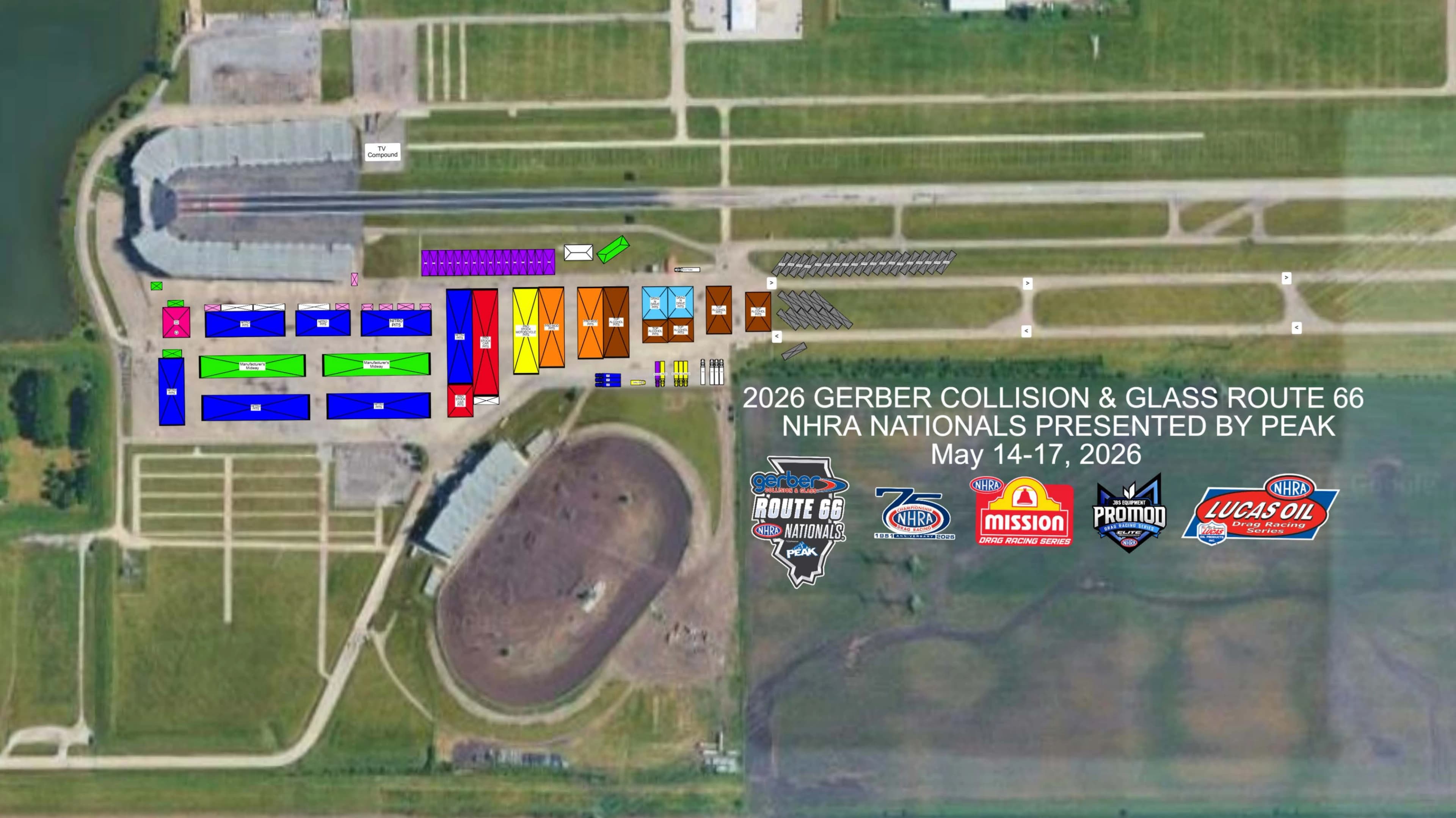 Route 66 Raceway: Venue layout, Route 66 · May 14–17, 2026 NHRA pit and midway orientation. Use the original map for routes and visitor facilities.