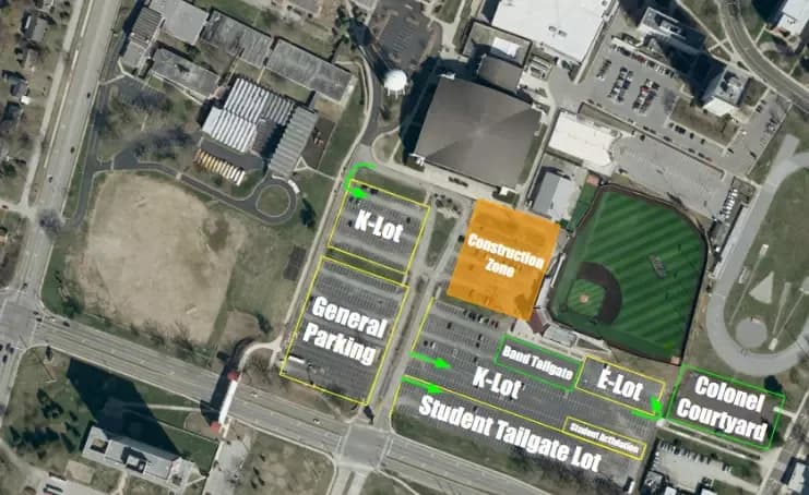 CG Bank Field at Roy Kidd Stadium: Venue layout, EKU — official current-linked football parking overview. Use the original map for routes and visitor facilities.