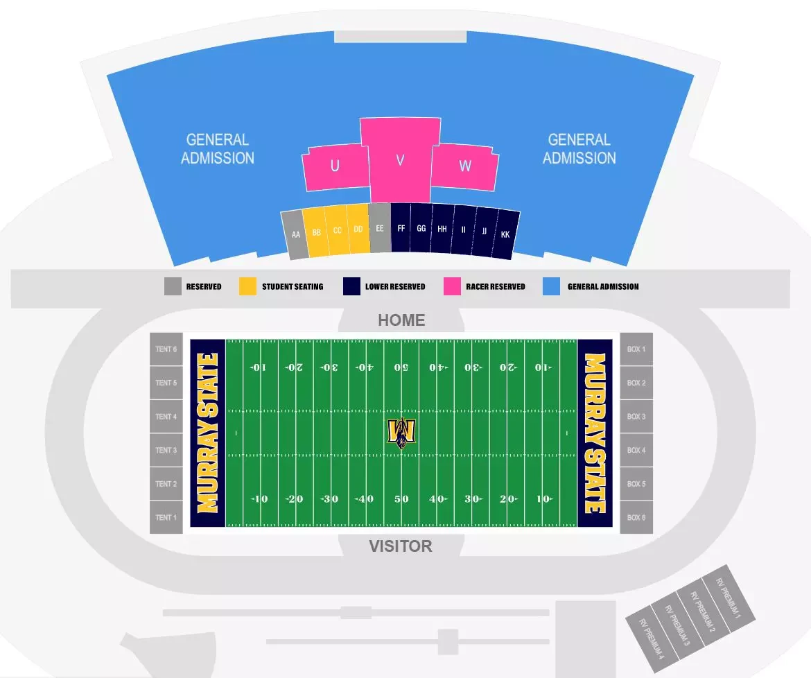 Rudolph Family Field at Roy Stewart Stadium: Seating chart, Murray State — current-linked 2024 football section and ticket-product diagram. Use the source chart for section and row details.