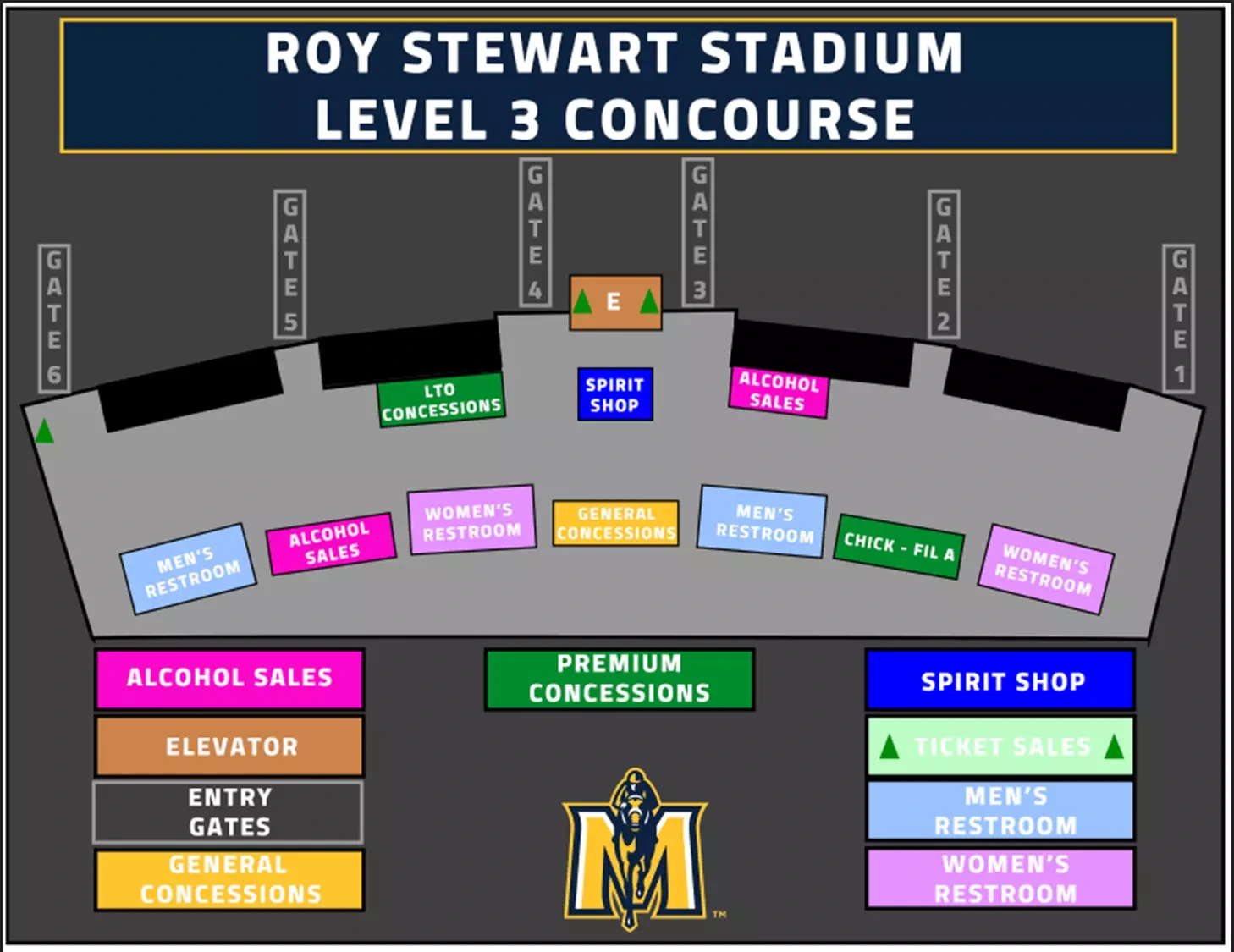 Rudolph Family Field at Roy Stewart Stadium: Venue layout, Murray State — current-linked 2025 Level 3 concourse and amenities plan. Use the original map for routes and visitor facilities.