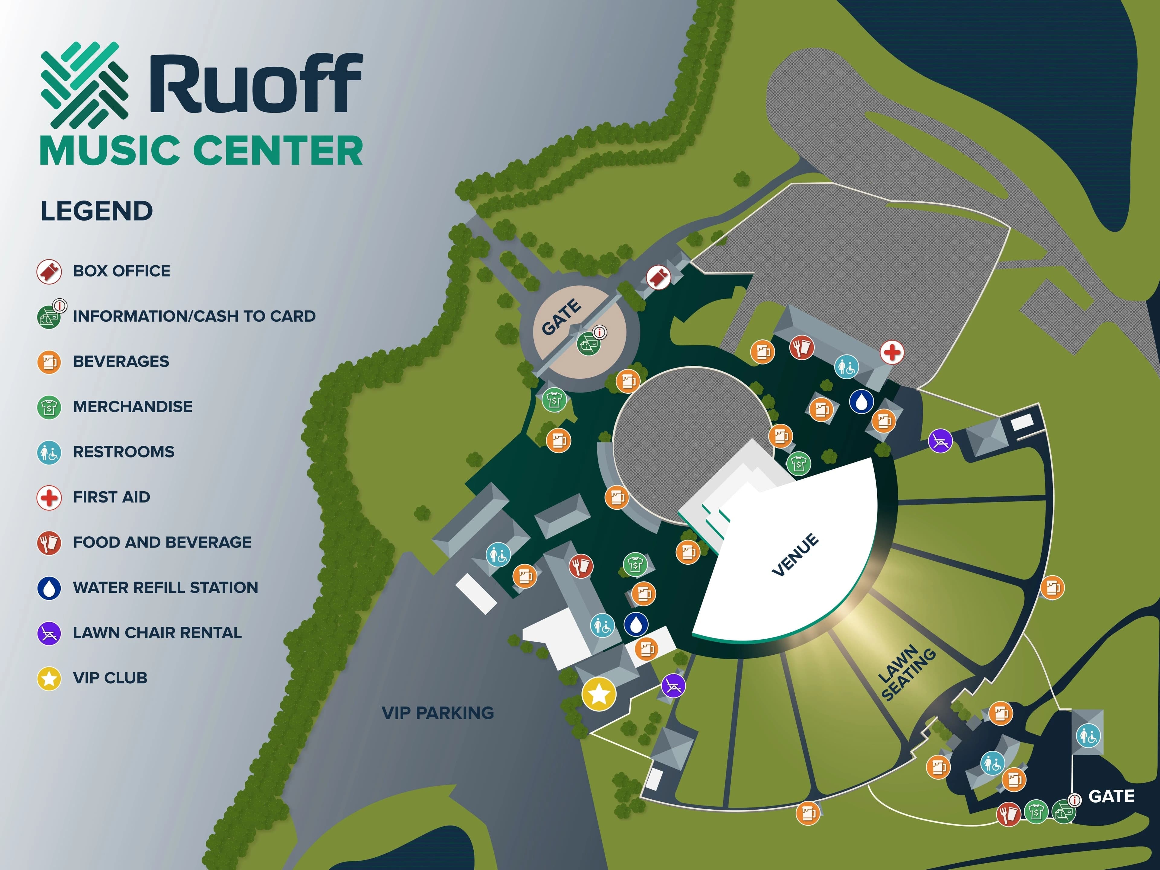 Ruoff Music Center: Venue layout, Ruoff Music Center — grounds and amenities. Use the original map for routes and visitor facilities.