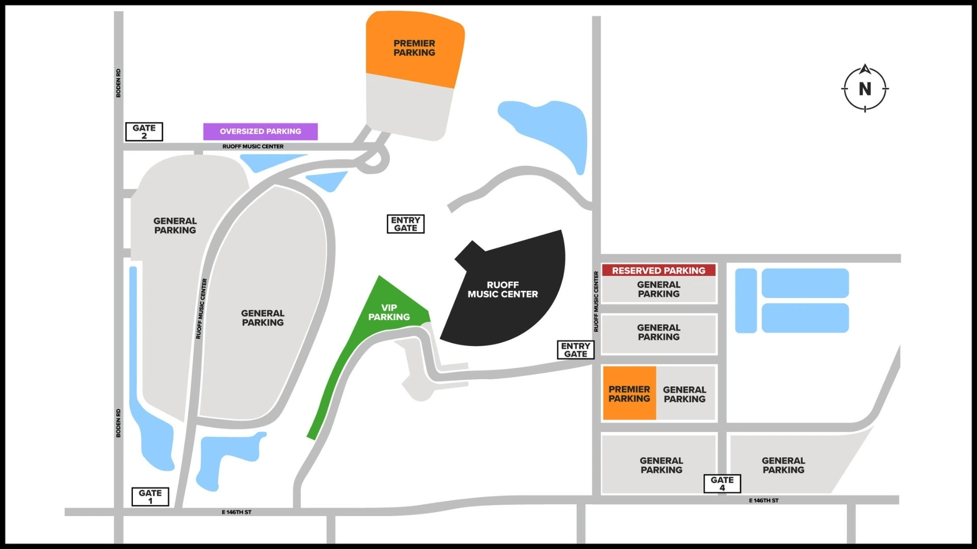 Ruoff Music Center: Venue layout, Ruoff Music Center — parking and entry gates. Use the original map for routes and visitor facilities.