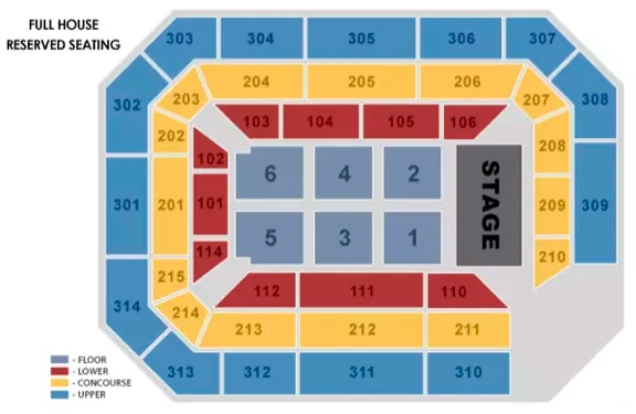 Ryan Center: Seating chart, Full House Reserved Seating; 2023 source. Use the source chart for section and row details.