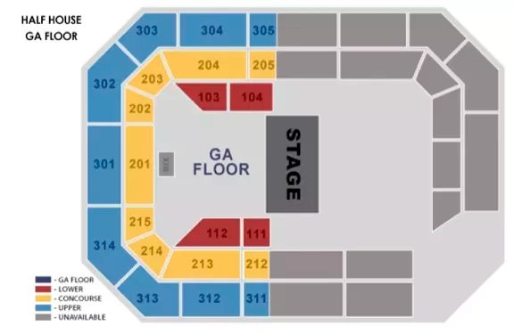 Ryan Center: Seating chart, Half House GA Floor; 2023 source. Use the source chart for section and row details.