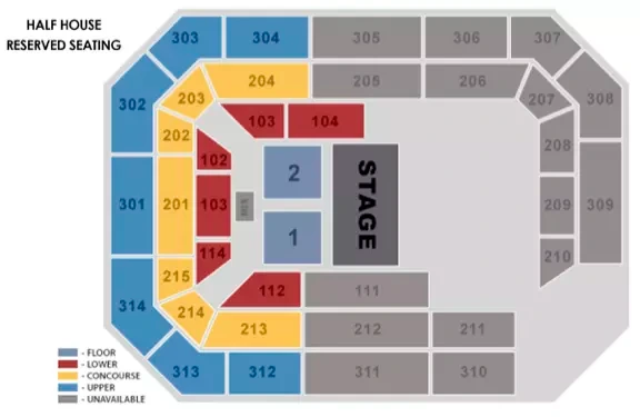 Ryan Center: Seating chart, Half House Reserved Seating; 2023 source. Use the source chart for section and row details.