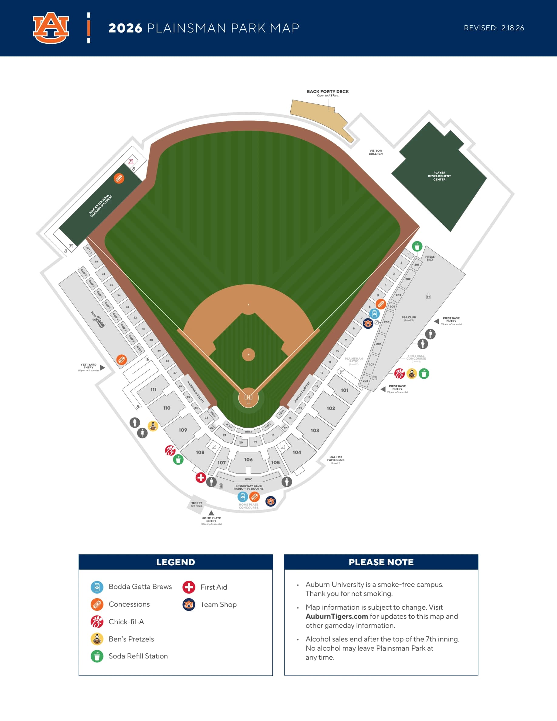 Samford Stadium – Hitchcock Field at Plainsman Park: Seating chart, Plainsman Park — official 2026 seating and amenities map. Use the source chart for section and row details.