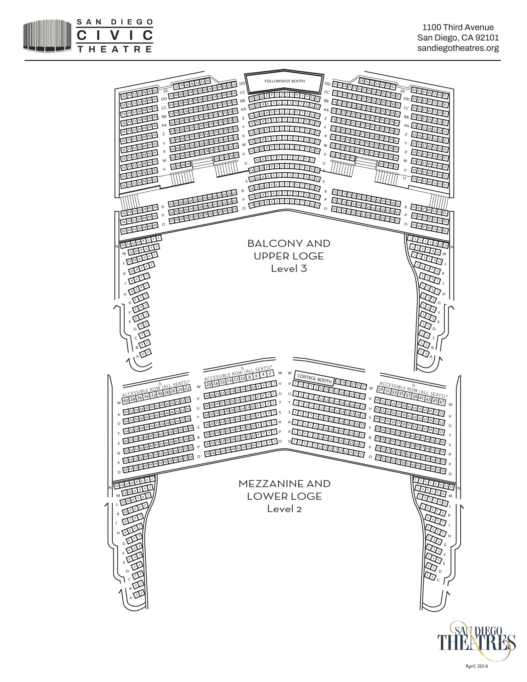 San Diego Civic Theatre: Seating chart, April 2014 reference · Civic Theatre mezzanine, loges and balcony. Use the source chart for section and row details.