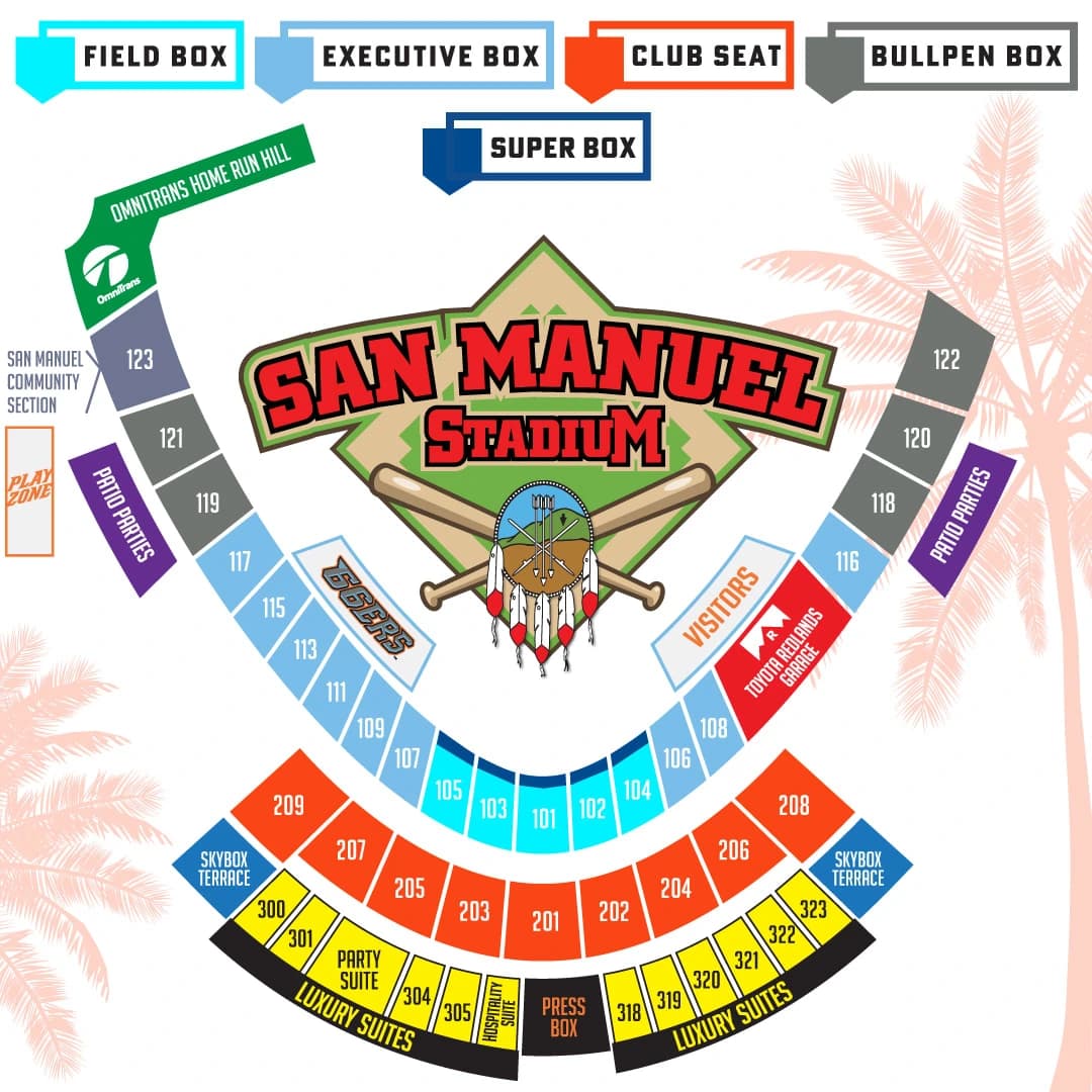 San Manuel Stadium: Seating chart, San Manuel Stadium — current official-linked numbered seating diagram. Use the source chart for section and row details.
