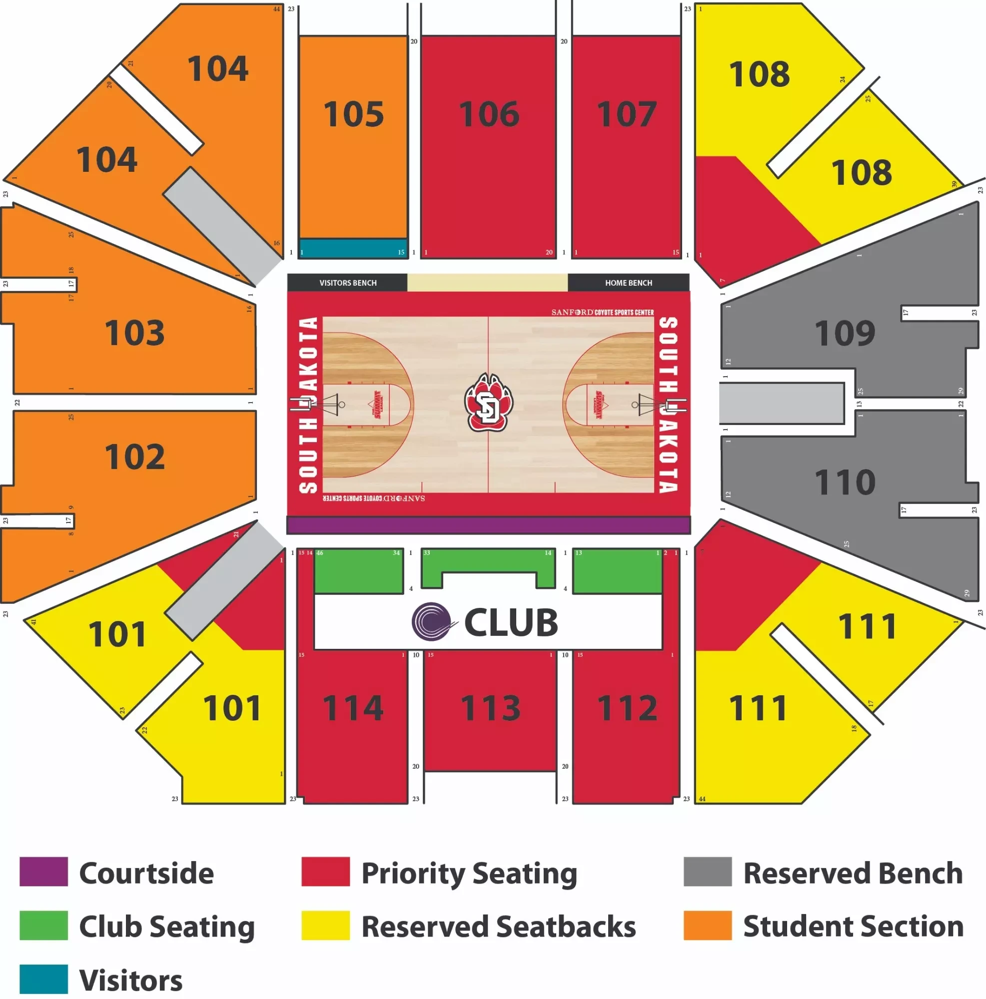 Sanford Coyote Sports Center: Seating chart, Basketball. Use the source chart for section and row details.