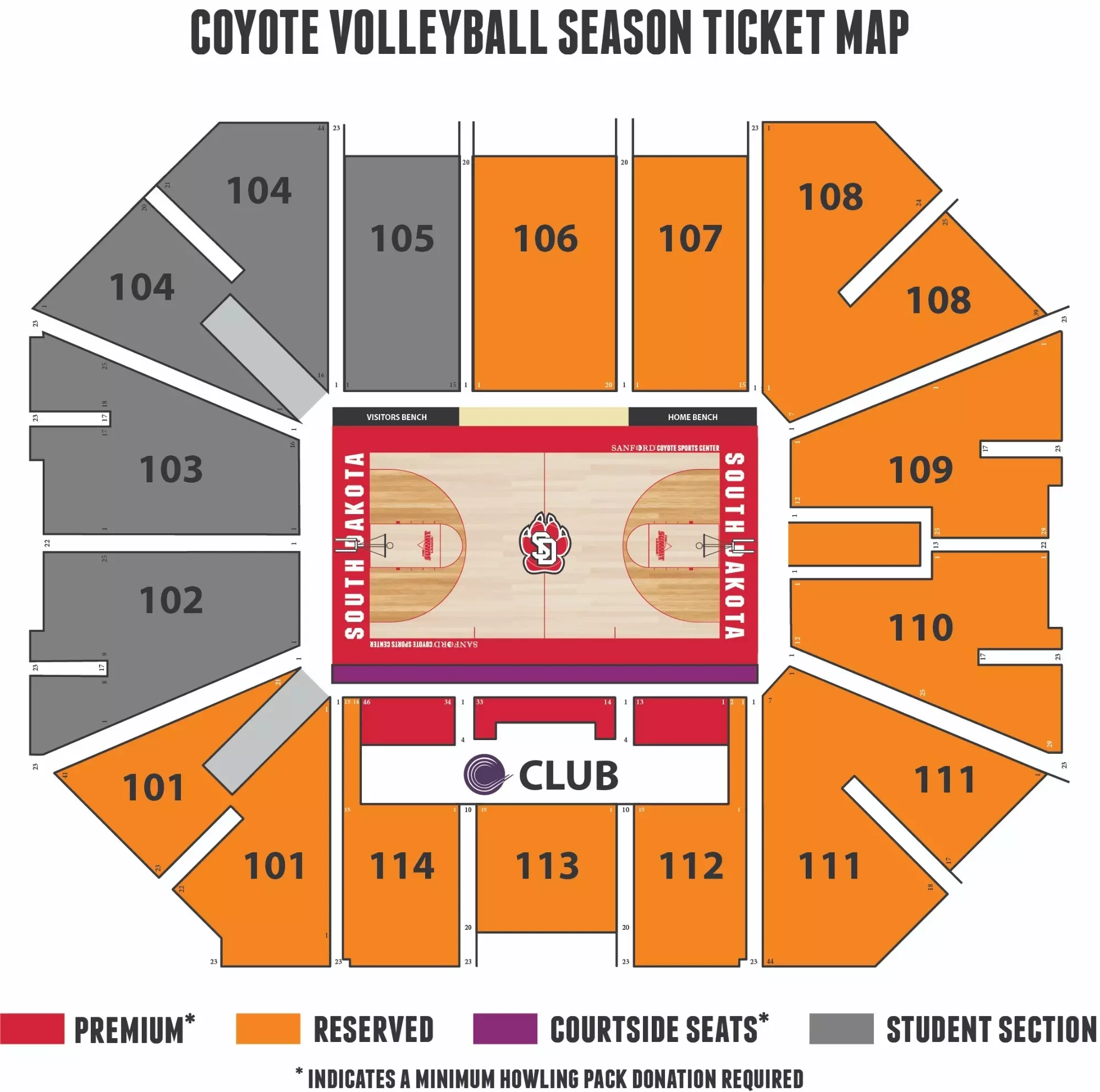 Sanford Coyote Sports Center: Seating chart, Volleyball. Use the source chart for section and row details.
