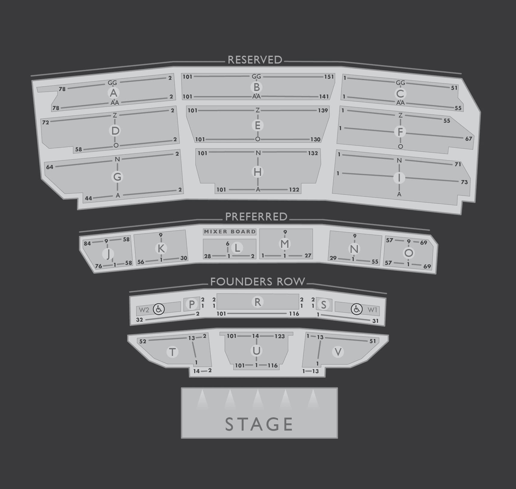 Santa Barbara Bowl: Seating chart, Concert — reserved floor seating. Use the source chart for section and row details.