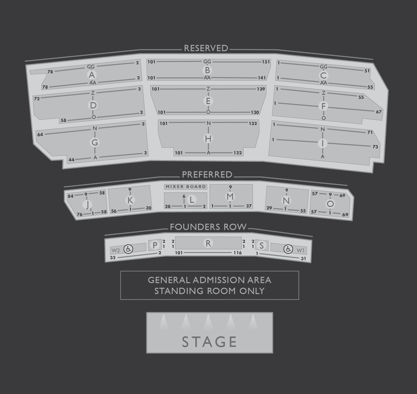 Santa Barbara Bowl: Seating chart, Concert — general-admission pit. Use the source chart for section and row details.