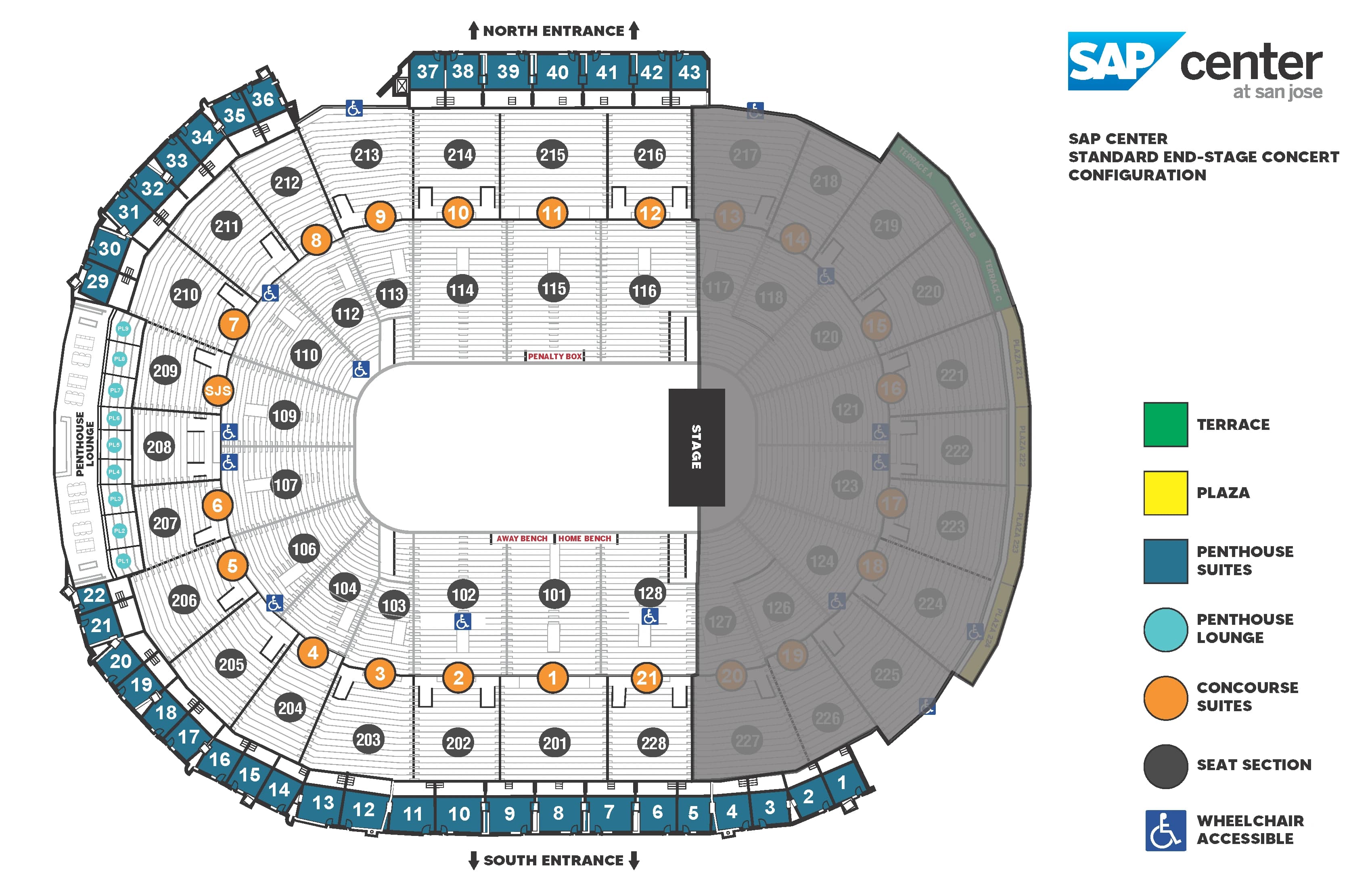 SAP Center at San Jose: Seating chart, Standard end-stage concert. Use the source chart for section and row details.