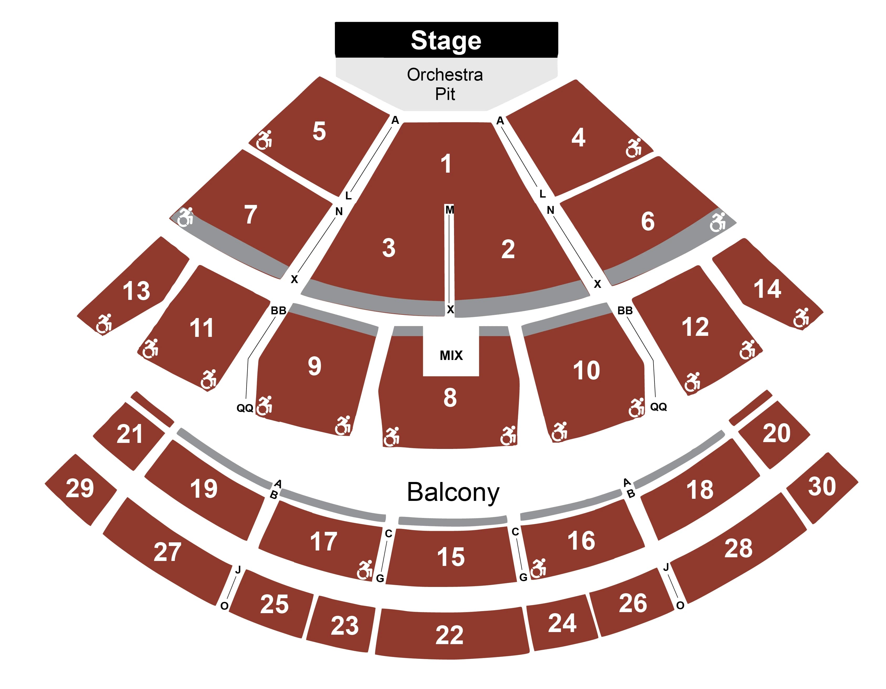 Saratoga Performing Arts Center: Seating chart, SPAC Amphitheater — SPAC-produced performances. Use the source chart for section and row details.