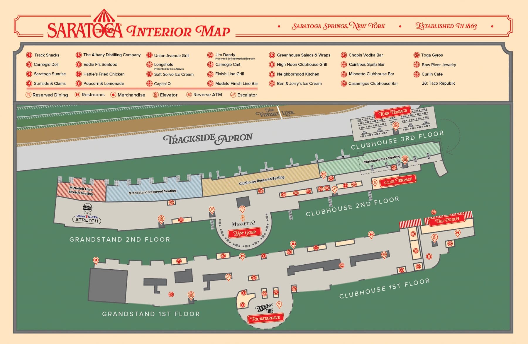 Saratoga Race Course: Venue layout, 2026 reference · Saratoga grandstand and clubhouse interior levels. Use the original map for routes and visitor facilities.