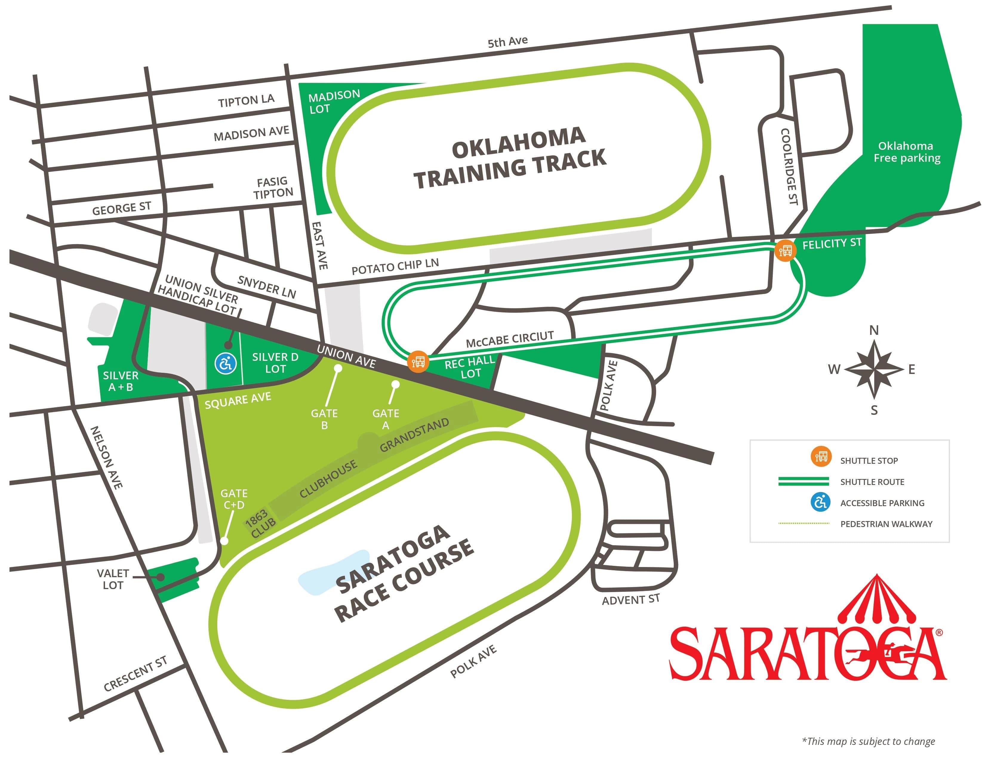 Saratoga Race Course: Venue layout, Arrival reference · Saratoga parking lots, gates and shuttle route. Use the original map for routes and visitor facilities.