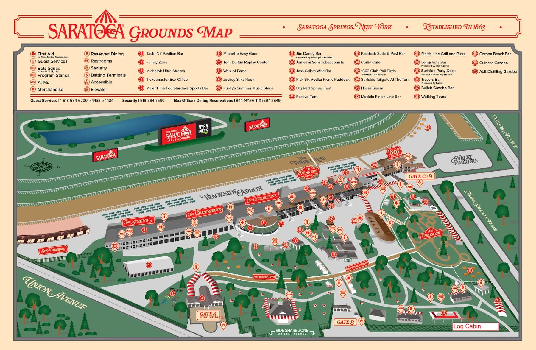 Saratoga Race Course: Venue layout, 2026 reference · Saratoga Race Course grounds and fan services. Use the original map for routes and visitor facilities.