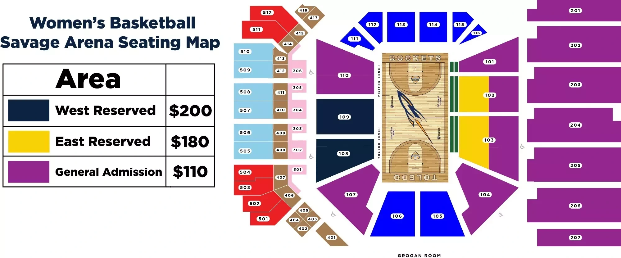 Savage Arena: Seating chart, 2025 women’s basketball reference · numbered sections and premium areas. Use the source chart for section and row details.