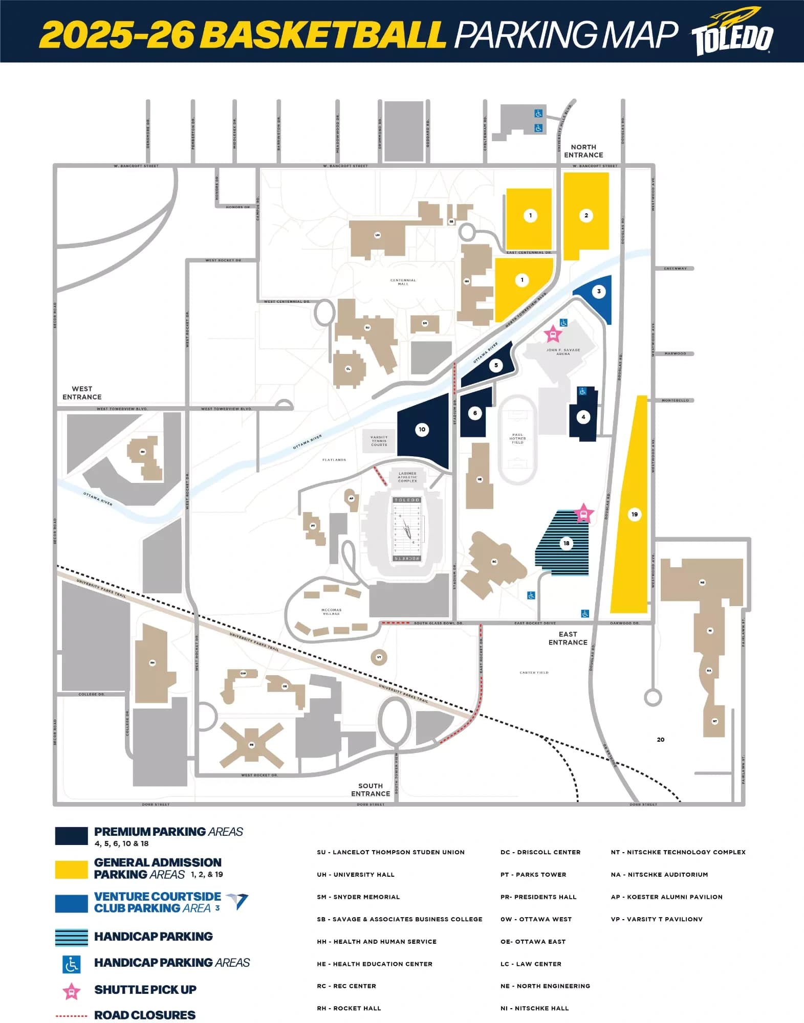 Savage Arena: Venue layout, 2025–26 basketball parking reference · general, premium and accessible areas. Use the original map for routes and visitor facilities.