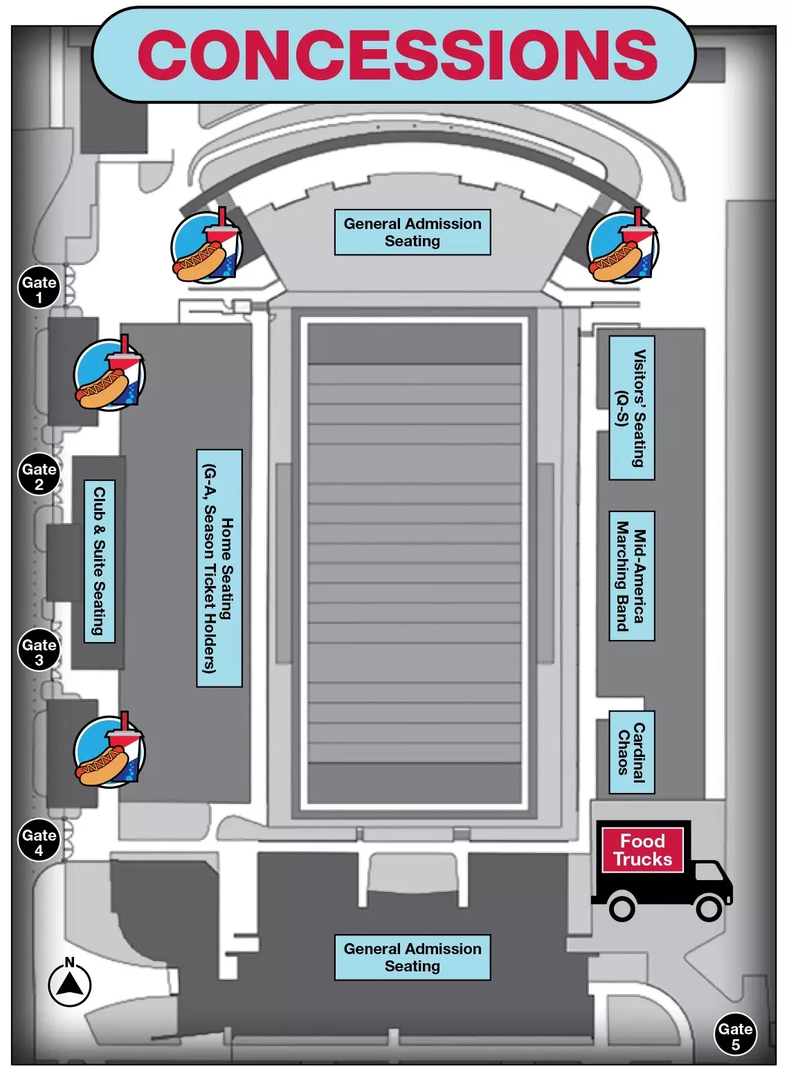 Scheumann Stadium: Venue layout, Football — seating blocks and concessions · published 2024. Use the original map for routes and visitor facilities.