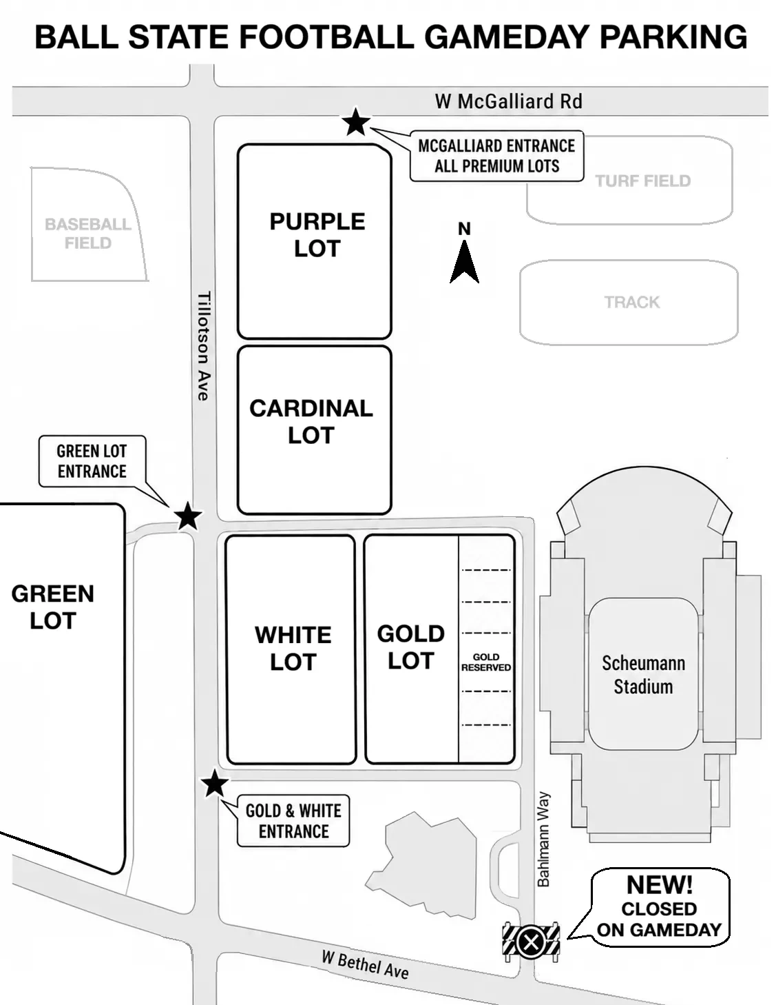 Scheumann Stadium: Venue layout, Football parking entrances — August 2026. Use the original map for routes and visitor facilities.