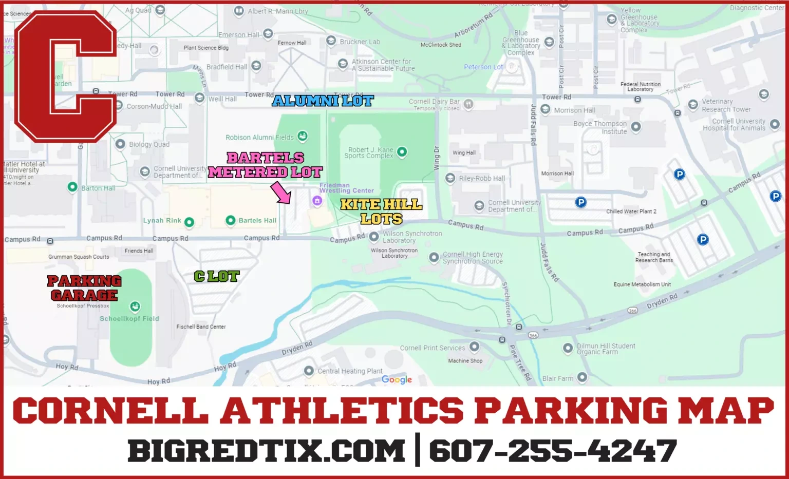 Schoellkopf Field: Venue layout, Cornell — current-linked 2025 athletics-area parking-location map. Use the original map for routes and visitor facilities.