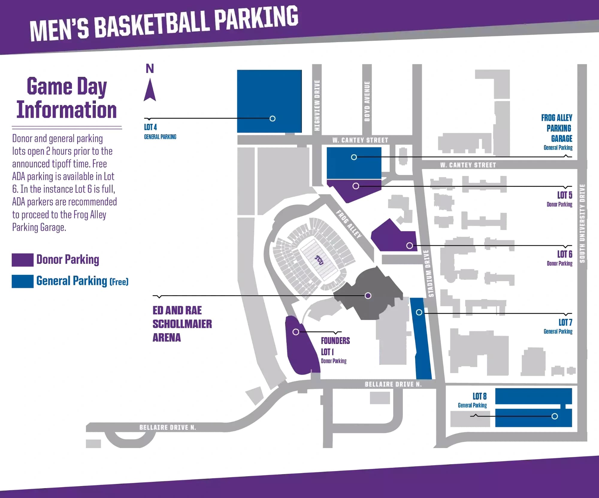 Schollmaier Arena: Venue layout, 2025–26 men’s basketball parking reference · donor and general areas. Use the original map for routes and visitor facilities.
