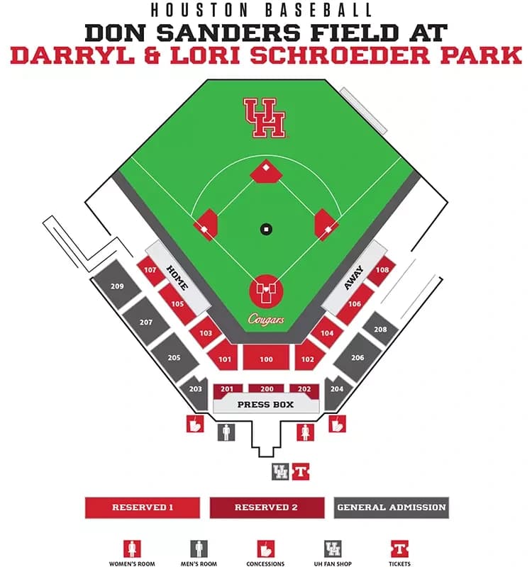 Schroeder Park: Seating chart, Baseball. Use the source chart for section and row details.